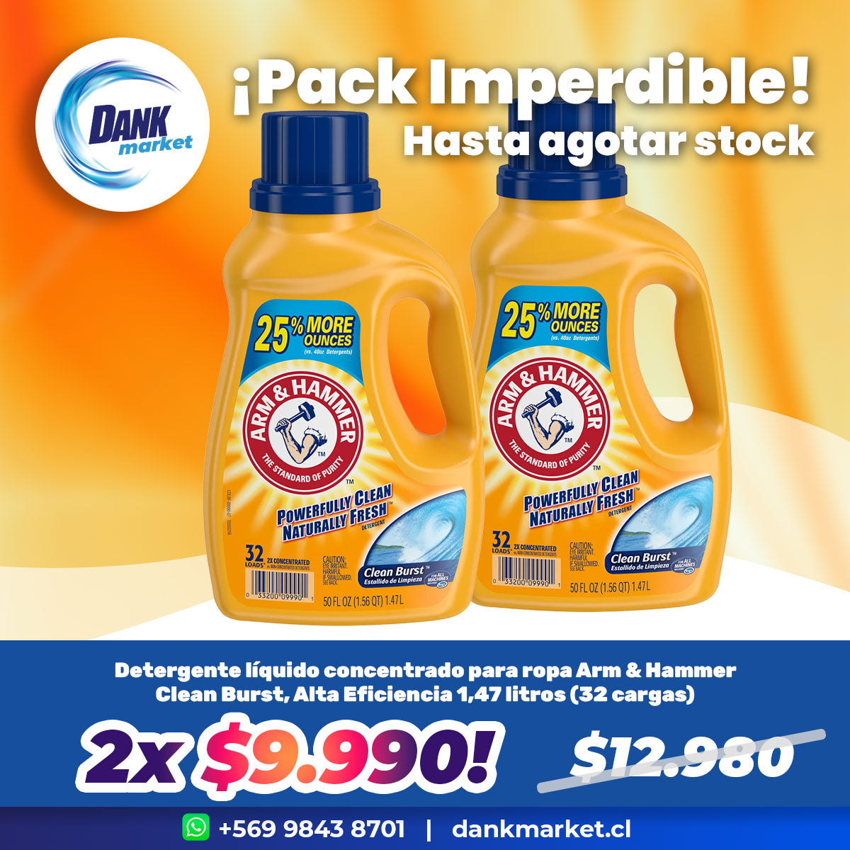 Pack Detergente líquido concentrado para ropa Arm & Hammer Clean Burst, Alta Eficiencia 1,47 litros (32 cargas) 2x $9.990