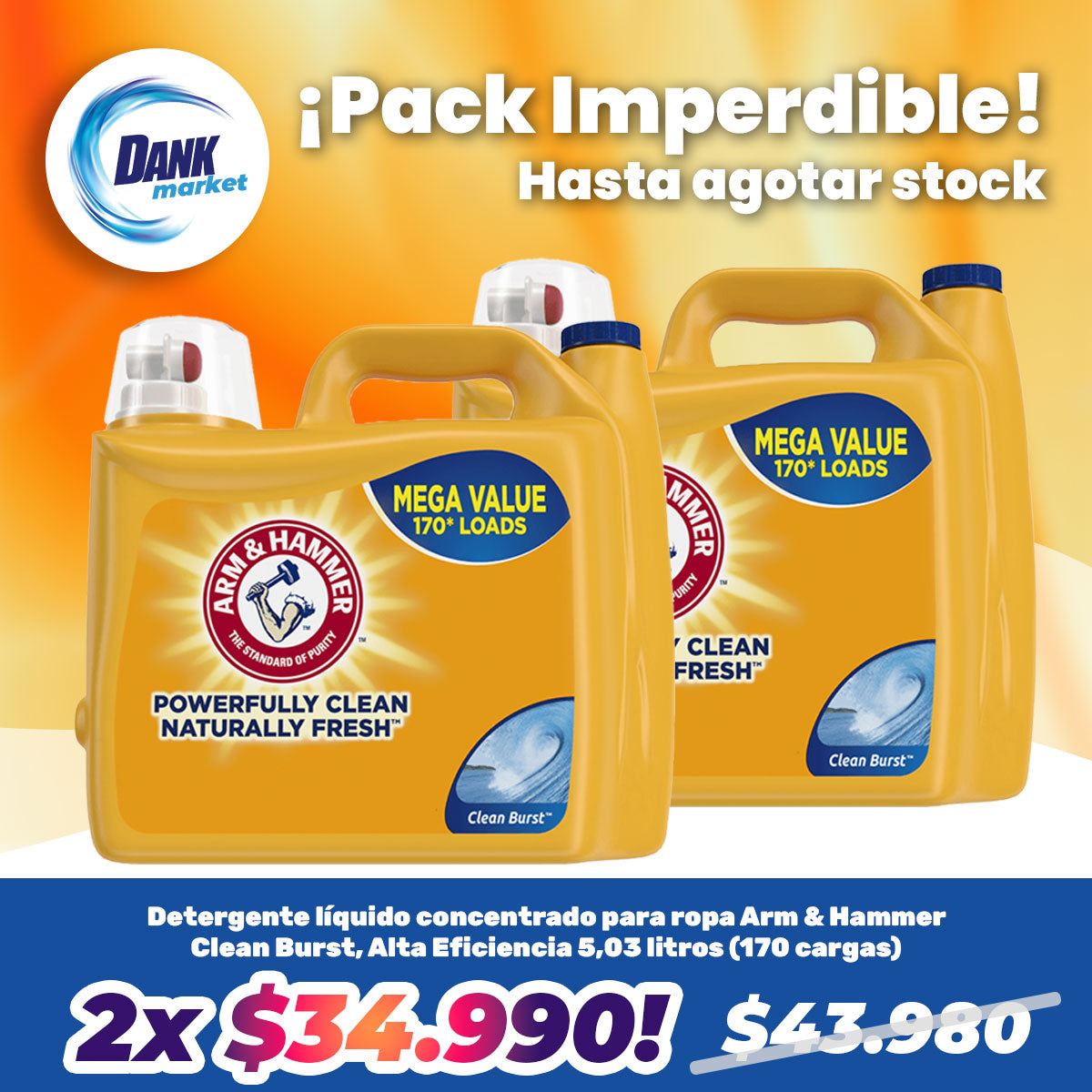 Pack Detergente líquido concentrado para ropa Arm & Hammer Clean Burst, Alta Eficiencia 5,03 litros (170 cargas) 2x $34.990