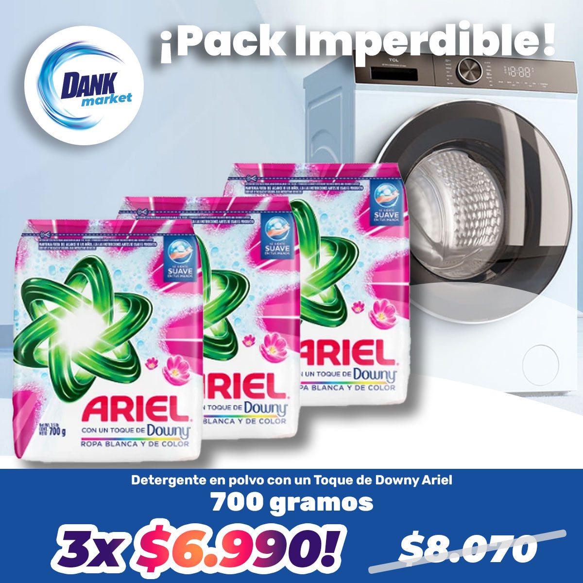 Pack Detergente en polvo con un Toque de Downy Ariel 700 gr 3x $6.990