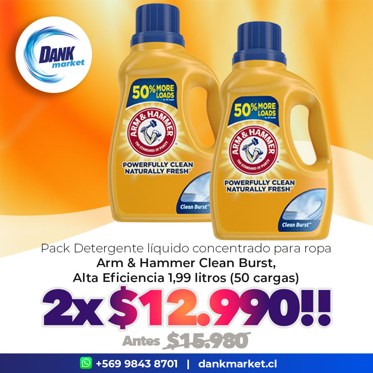 Pack Detergente líquido concentrado para ropa Arm & Hammer Clean Burst, Alta Eficiencia 1,99 litros (50 cargas) 2x $12.990