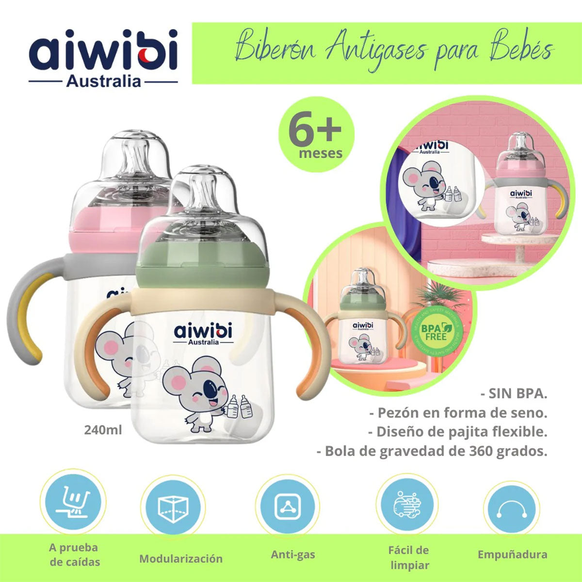 Biberón Antigases para bebés Aiwibi 240 ml