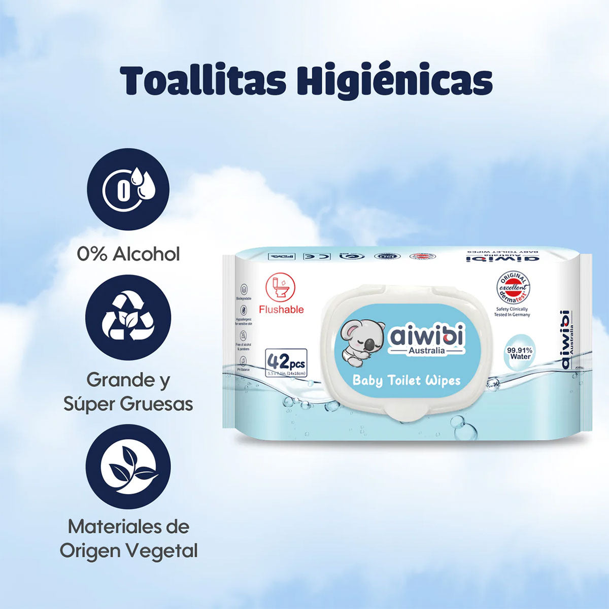 Toallitas Húmedas para Bebés 99.91% Agua Premium Biodegradables Aiwibi (42 unidades)