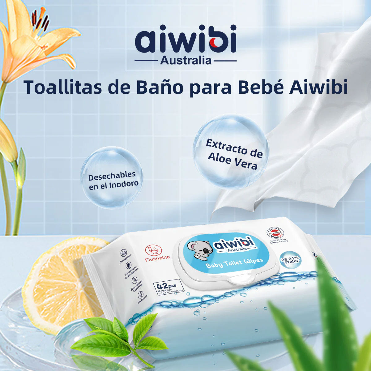 Toallitas Húmedas para Bebés 99.91% Agua Premium Biodegradables Aiwibi (42 unidades)