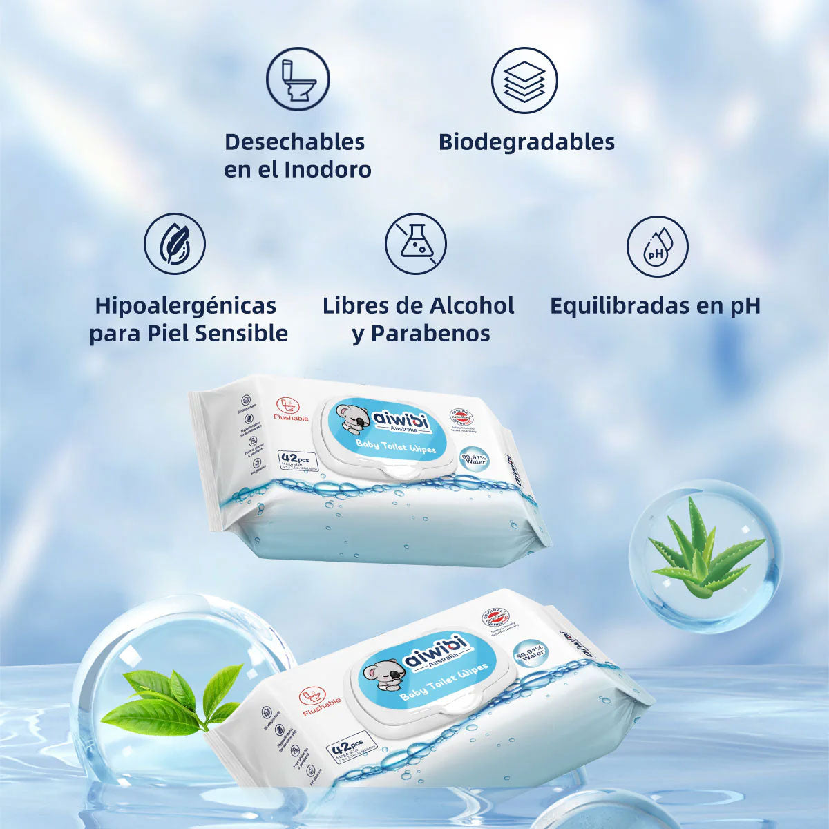 Toallitas Húmedas para Bebés 99.91% Agua Premium Biodegradables Aiwibi (42 unidades)