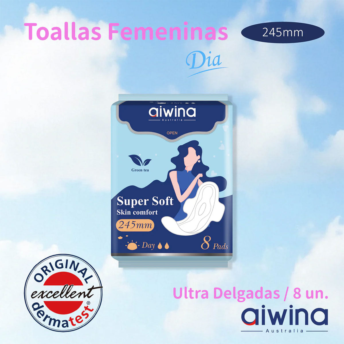 Toalla Femenina Día Súper Suave Ultradelgada 245 mm Aiwina (8 unidades)