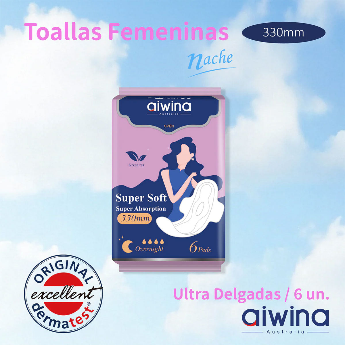 Toalla Femenina Noche Súper Suave Ultradelgada 330 mm Aiwina (6 unidades)