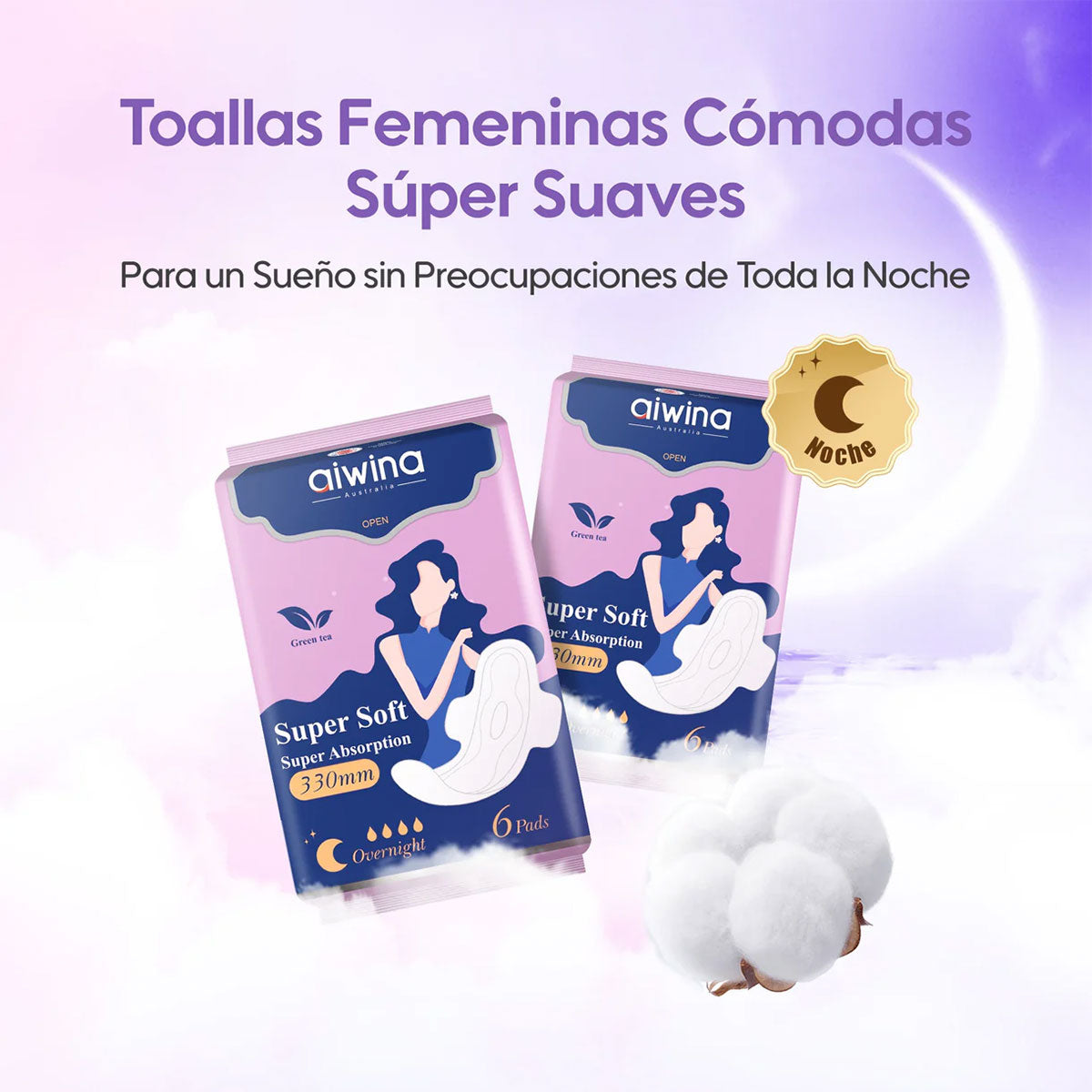 Toalla Femenina Noche Súper Suave Ultradelgada 330 mm Aiwina (6 unidades)