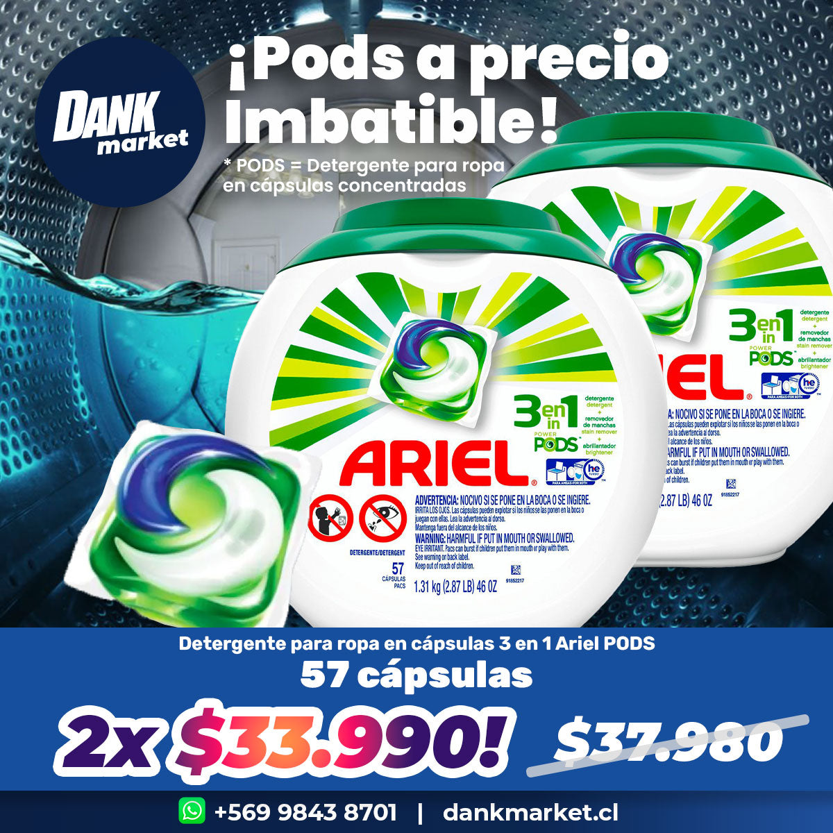 Pack Detergente para ropa en cápsulas 3 en 1 Ariel PODS 57 cápsulas 2x $33.990