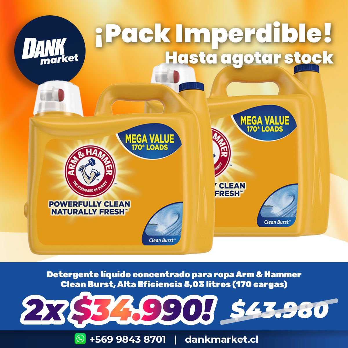 Pack Detergente líquido concentrado para ropa Arm & Hammer Clean Burst, Alta Eficiencia 5,03 litros (170 cargas) 2x $34.990