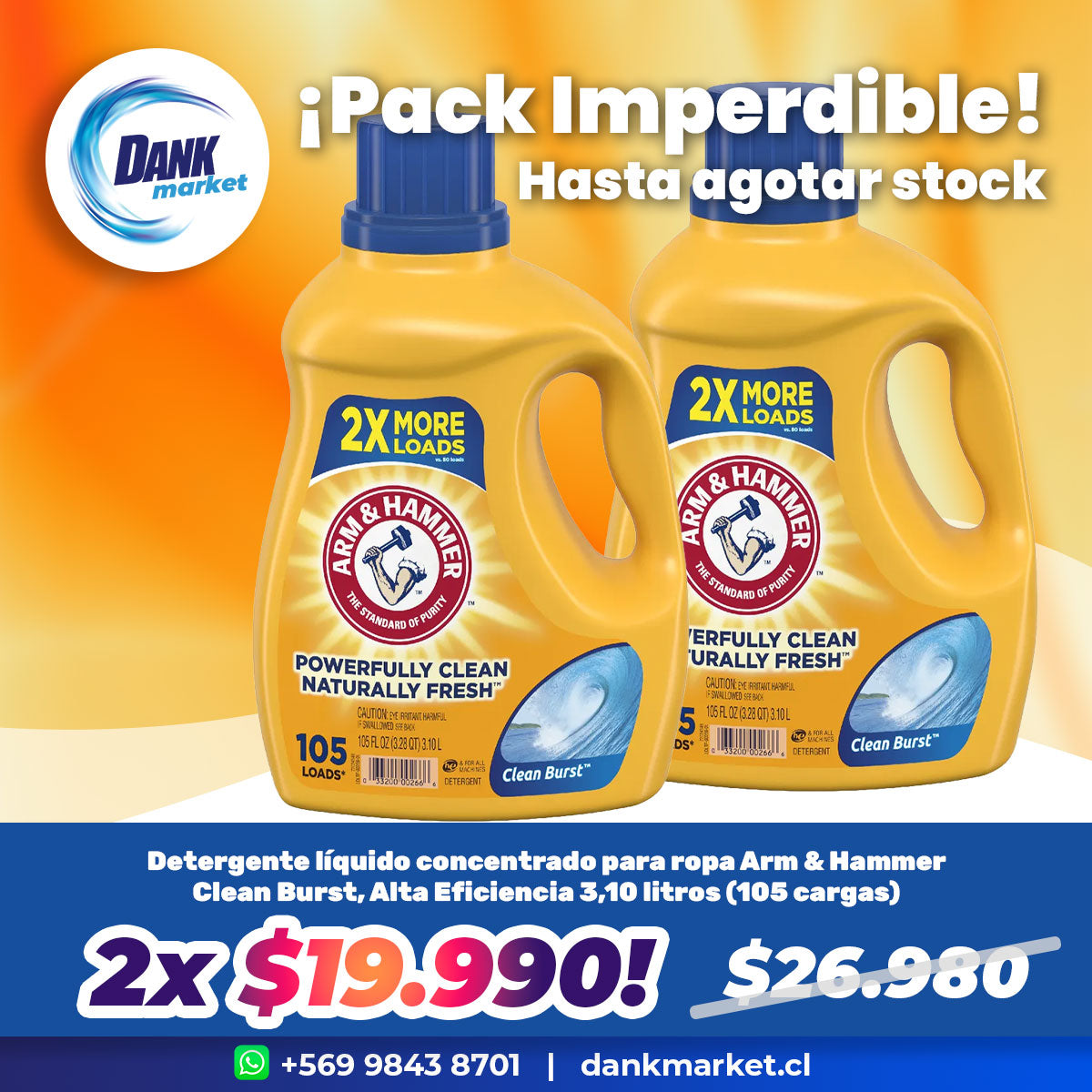 Pack Detergente líquido concentrado para ropa Arm & Hammer Clean Burst, Alta Eficiencia 3,10 litros (105 cargas) 2x $19.990