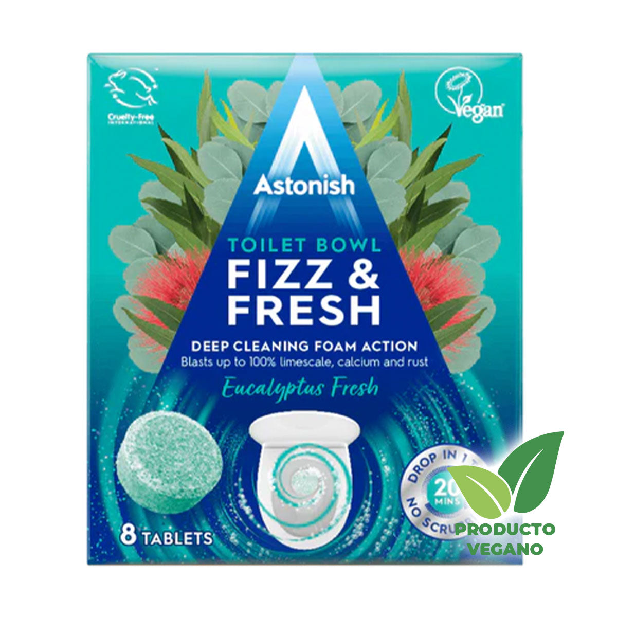 Pastillas Efervescentes y Refrescantes para Inodoros Toilet Bowl Fizz & Fresh Tabs aroma Eucalyptus Fresh Astonish (8 unidades) - 🌱 🇬🇧 Producto Vegano del Reino Unido