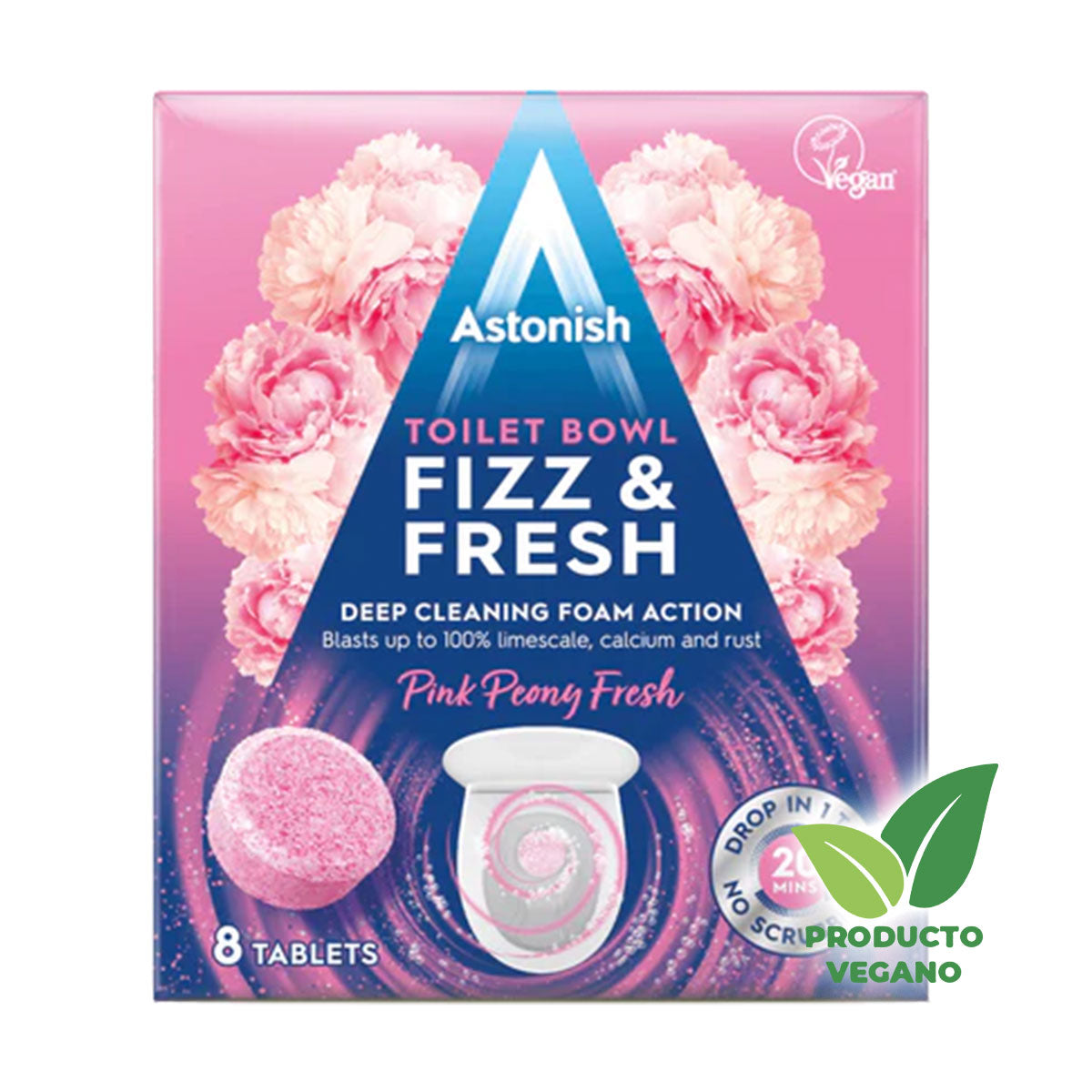 Pastillas Efervescentes y Refrescantes para Inodoros Toilet Bowl Fizz & Fresh Tabs aroma Pink Peony Fresh Astonish (8 unidades) - 🌱 🇬🇧 Producto Vegano del Reino Unido