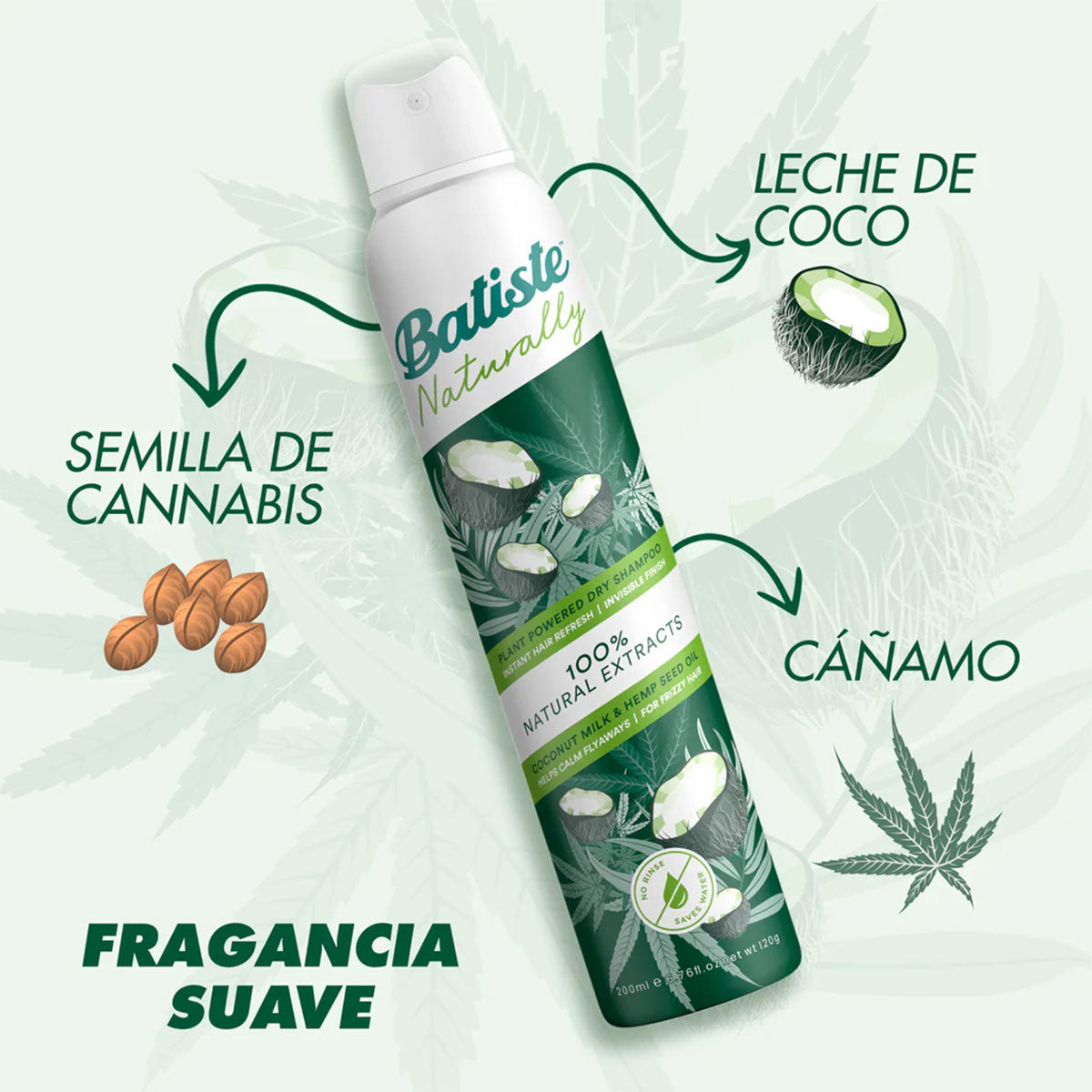 Shampoo en Seco para el cabello fragancia Naturally Hemp & Coconut Milk Batiste 200 ml