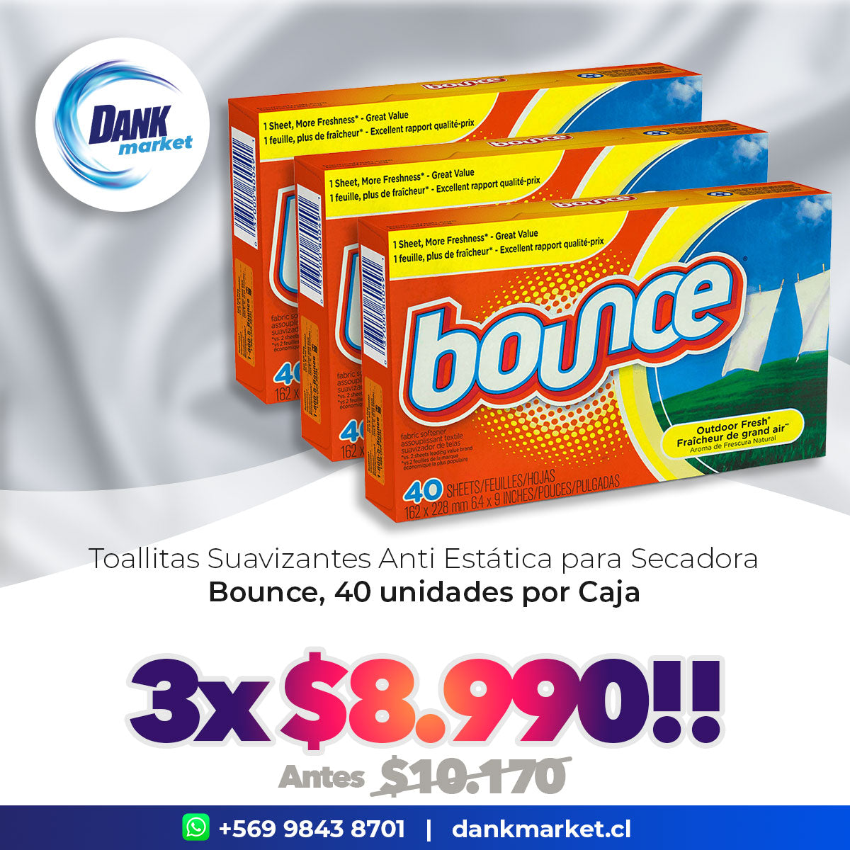 Pack Toallitas Suavizantes Anti Estática para Secadora Bounce (34 unidades) 3 x $8.990