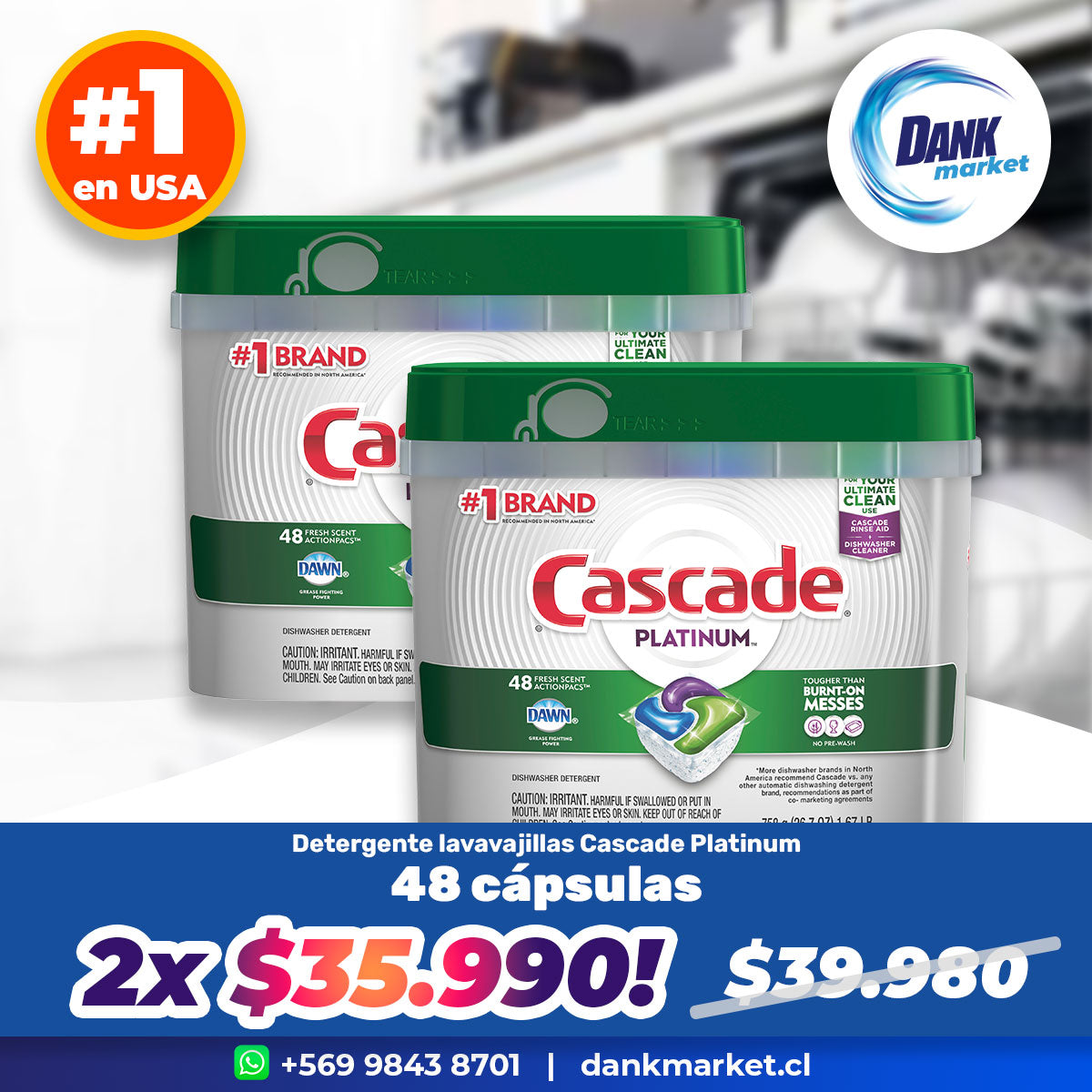 Pack Detergente lavavajillas Cascade Platinum (48 cápsulas ActionPacs) 2x $35.990