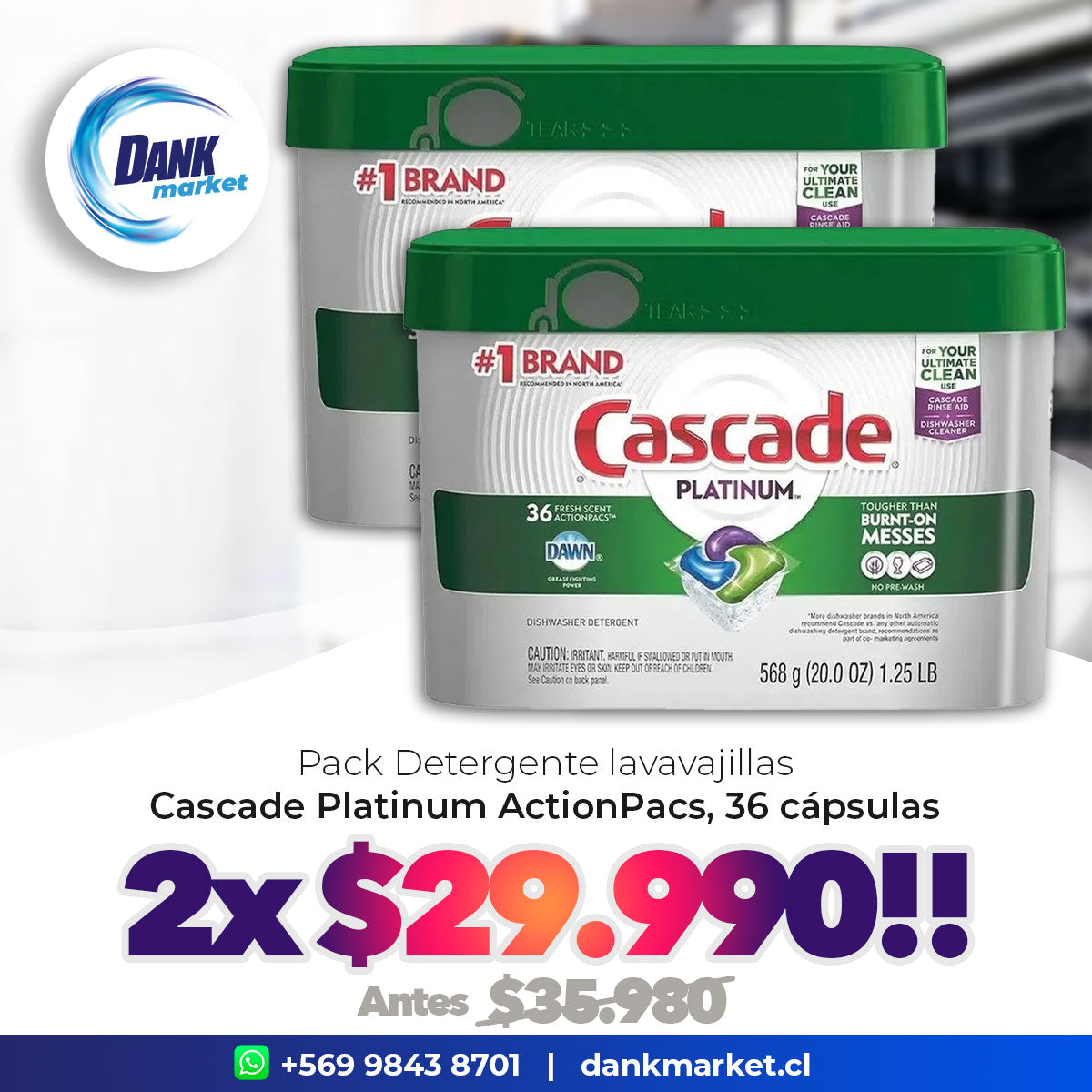Pack Detergente lavavajillas Cascade Platinum (36 cápsulas ActionPacs) 2x $29.990