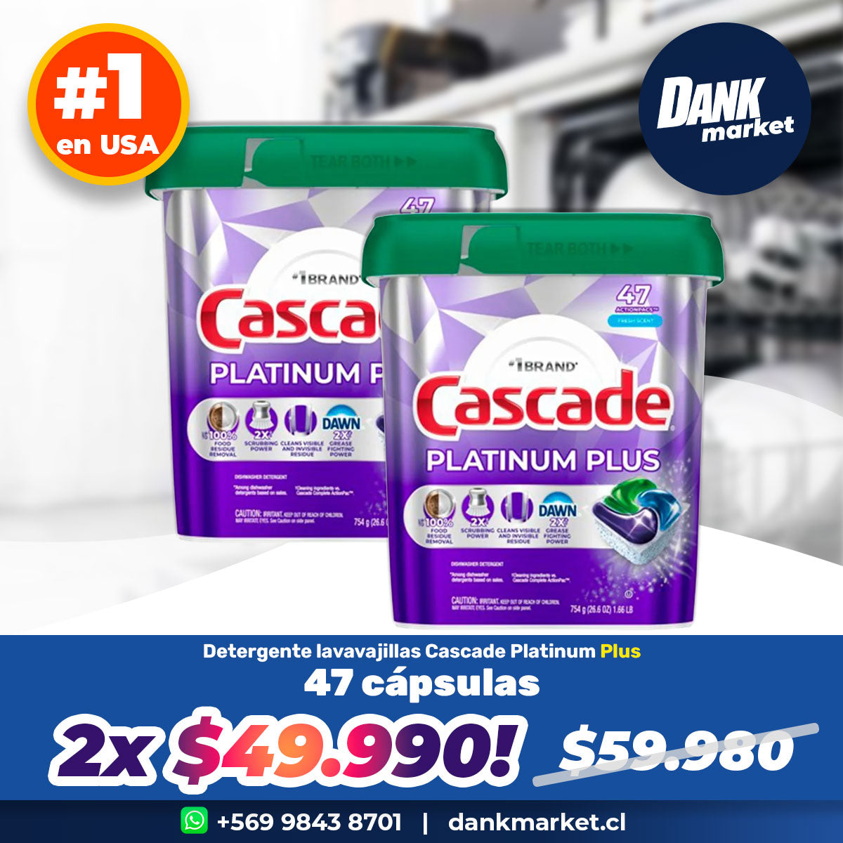 Pack Detergente lavavajillas Cascade Platinum Plus Fresh Scent (47 cápsulas ActionPacs) 2x $49.990
