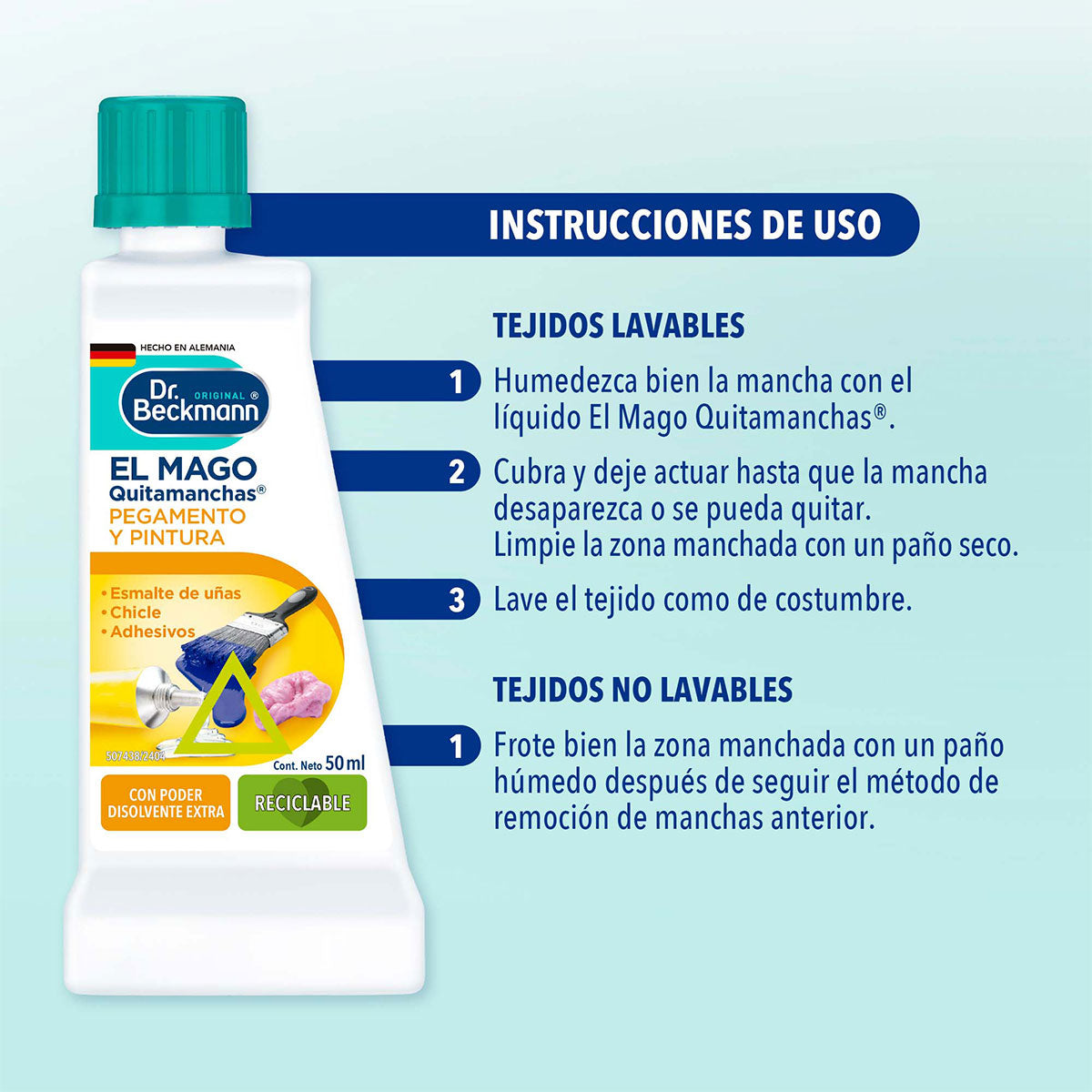 Quitamanchas El Mago Pegamento y Pintura 50 ml Dr. Beckmann. Producto Alemán Sustentable