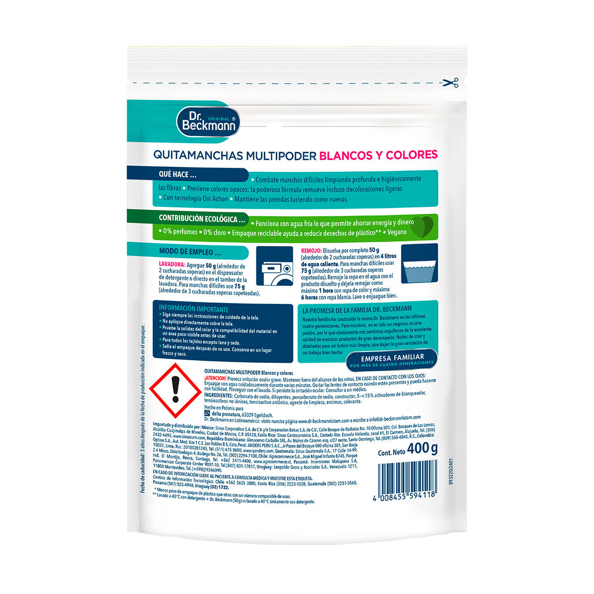 Quitamanchas Multipoder Blancos y Colores para Lavado de Ropa 400 gr Dr. Beckmann. Producto Alemán Sustentable