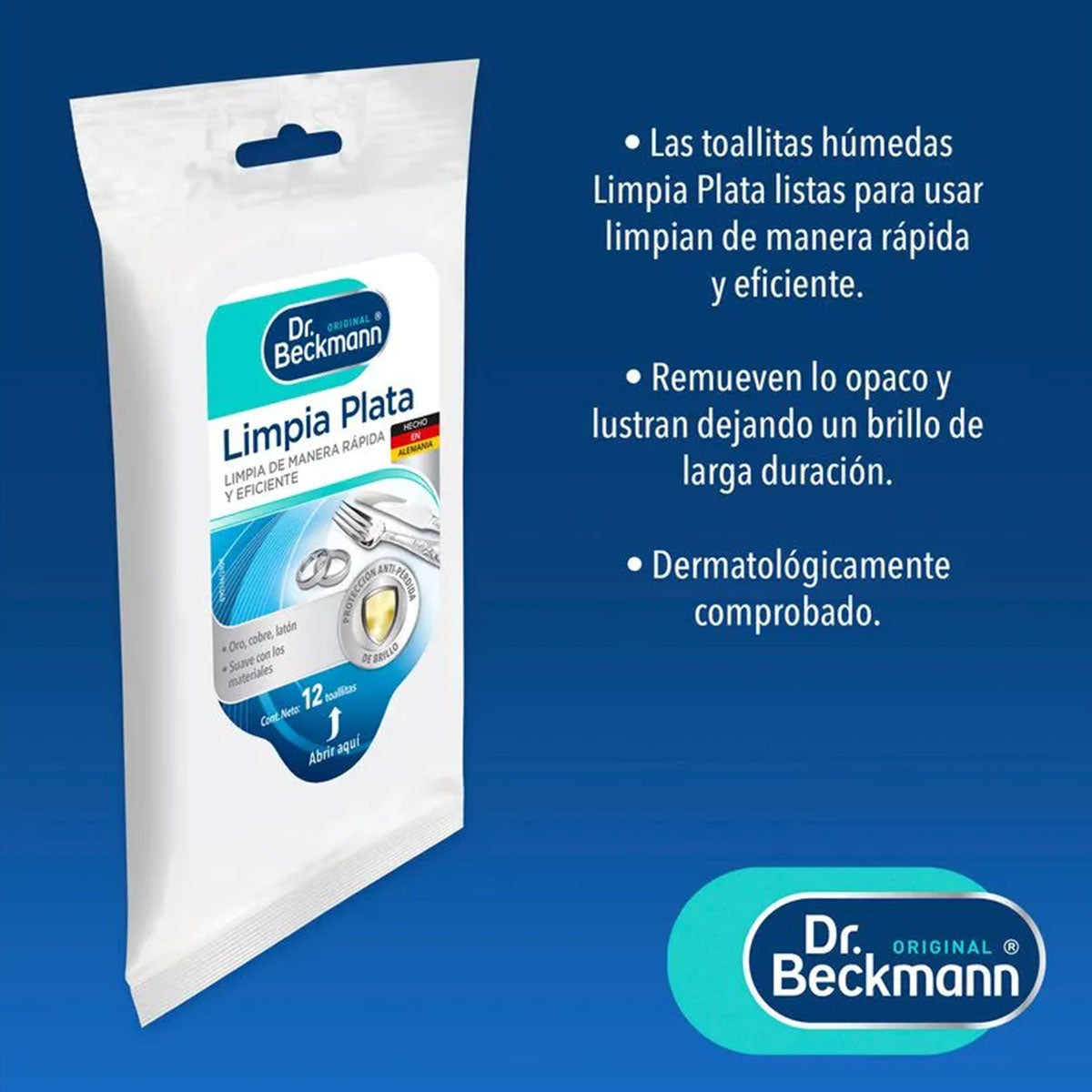 Toallitas Limpiadoras de Plata (y Oro, Cobre, Latón) Dr. Beckmann (12 unidades). Producto Alemán Sustentable
