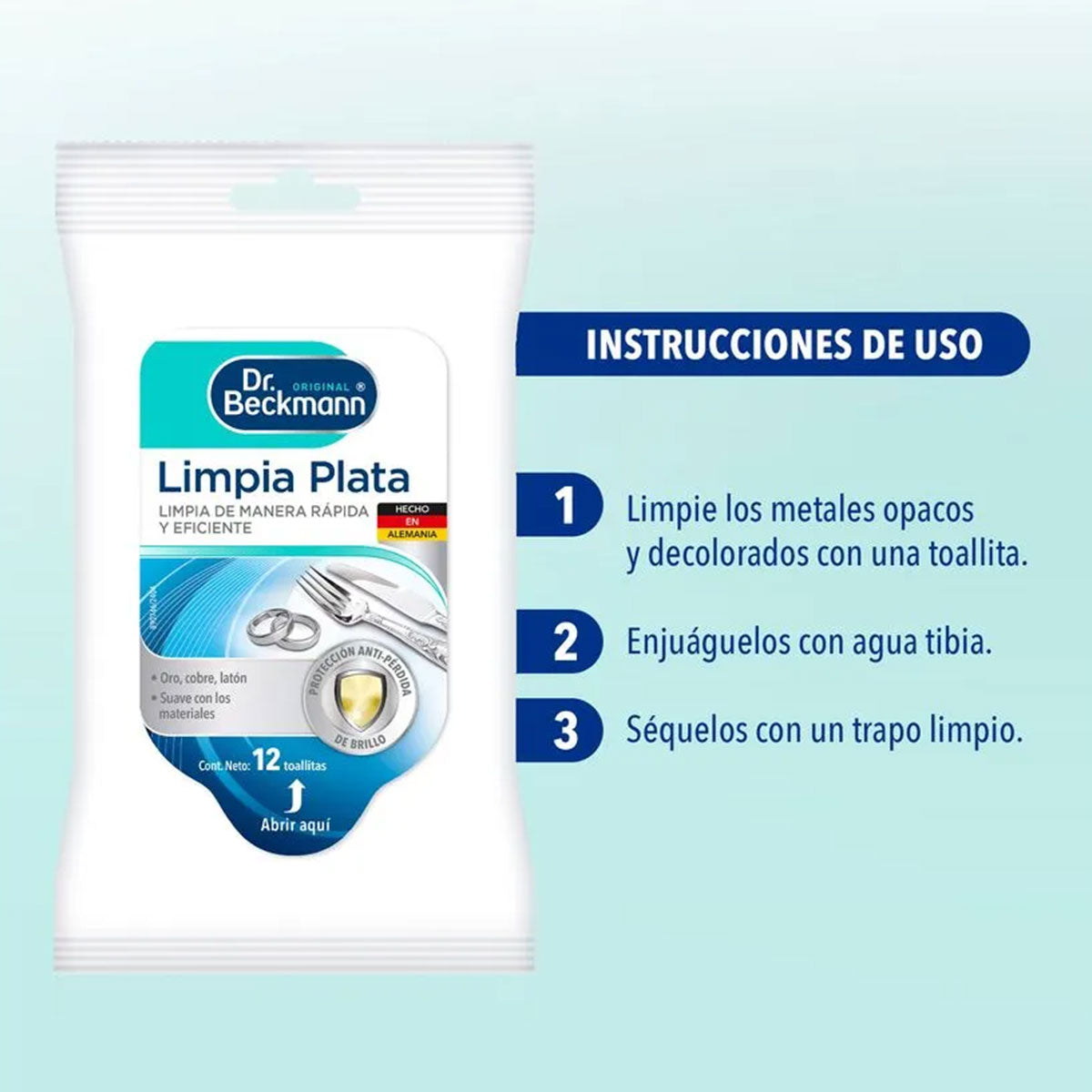 Toallitas Limpiadoras de Plata (y Oro, Cobre, Latón) Dr. Beckmann (12 unidades). Producto Alemán Sustentable