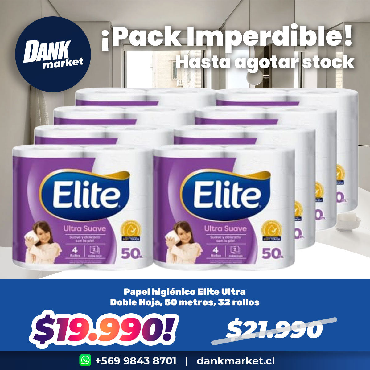 Papel higiénico Elite Ultra Doble hoja 50 metros (32 rollos)