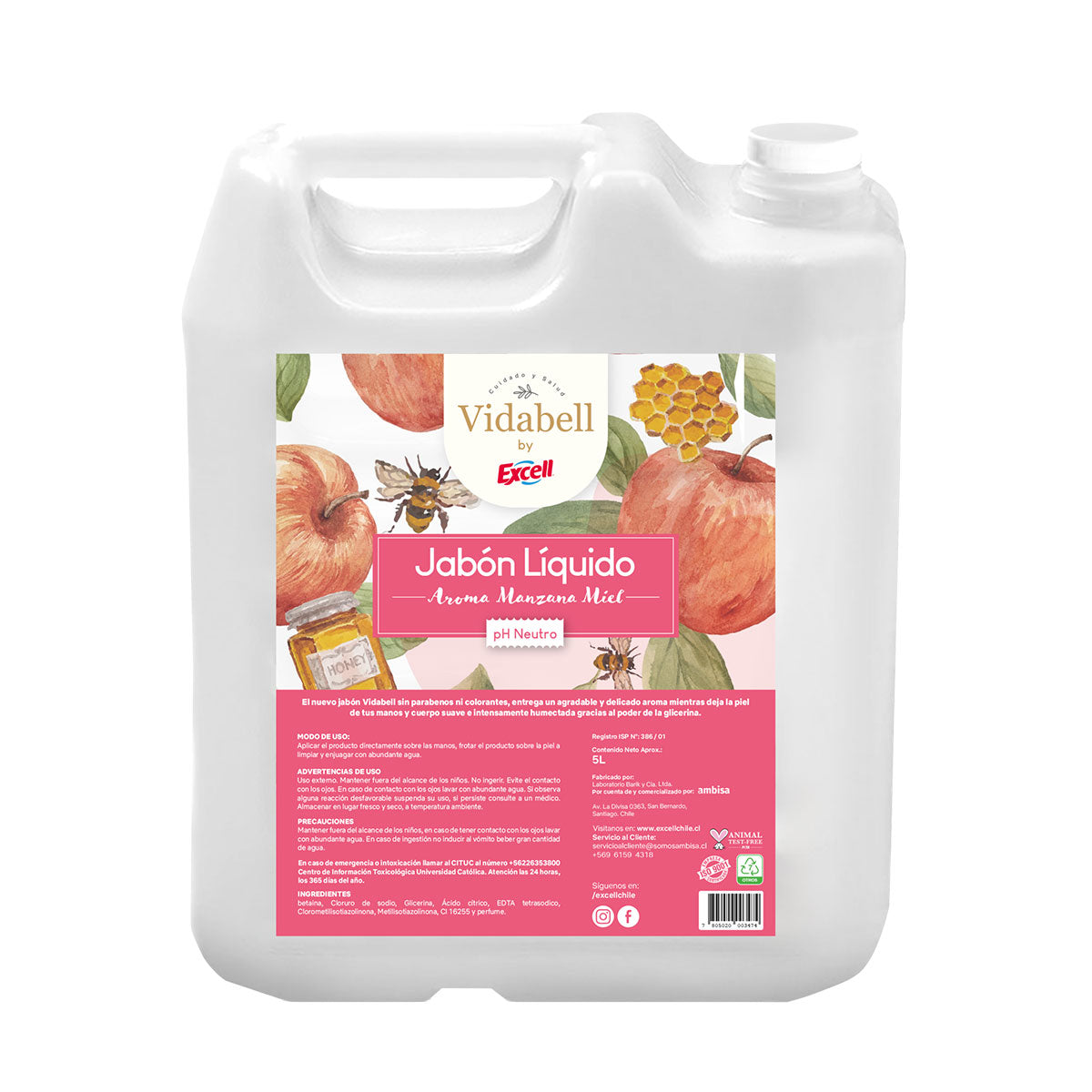 Jabón líquido PH Neutro Aroma Manzana Miel Vidabell Excell 5 litros