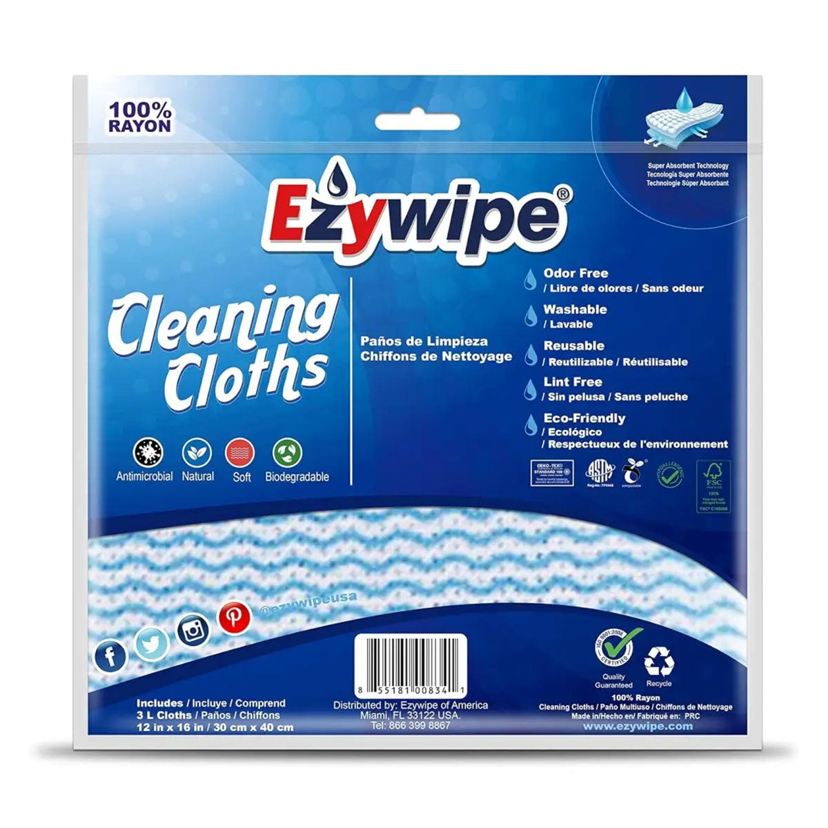 Paños de Limpieza Reutilizables Multiuso Ezywipe (3 unidades) - 🌱 🇺🇸 Producto ecológico e hipoalargénico
