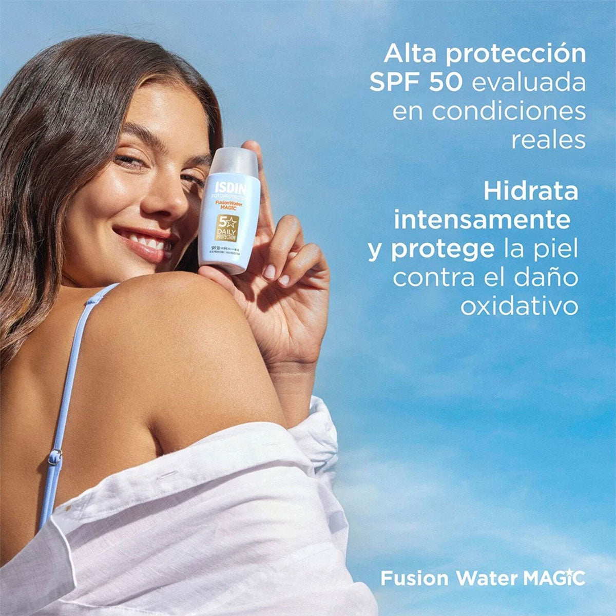 Fotoprotector facial de uso diario Fusion Water MAGIC SPF 50 de textura ultraligera y absorción inmediata 50m ml
