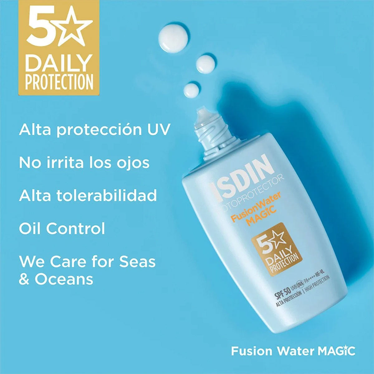 Fotoprotector facial de uso diario Fusion Water MAGIC SPF 50 de textura ultraligera y absorción inmediata 50m ml