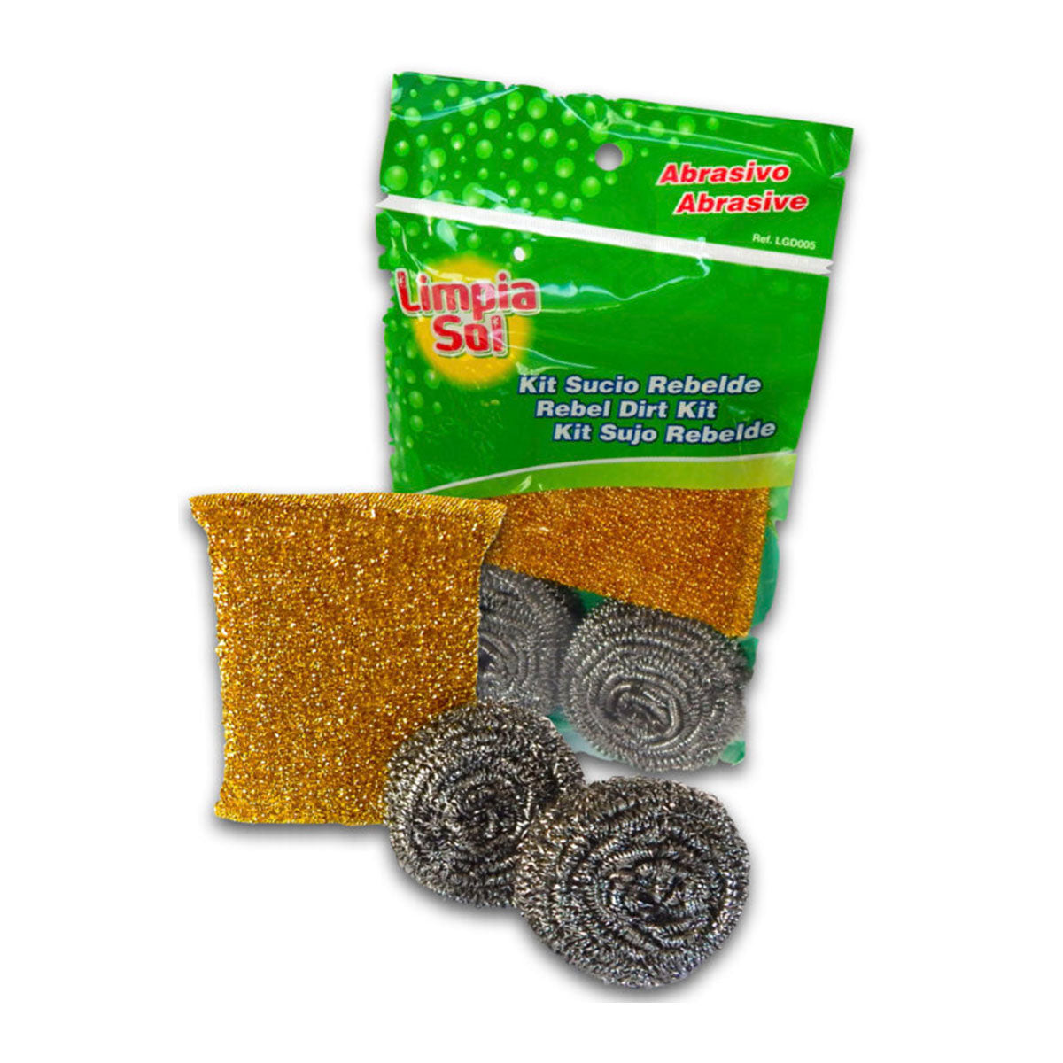 Kit de Esponjas Sucio Rebelde incluye 2 Esponjas Metálicas (viruta) Acero Inoxidable y 1 Almohadilla Fregadora Limpia Sol