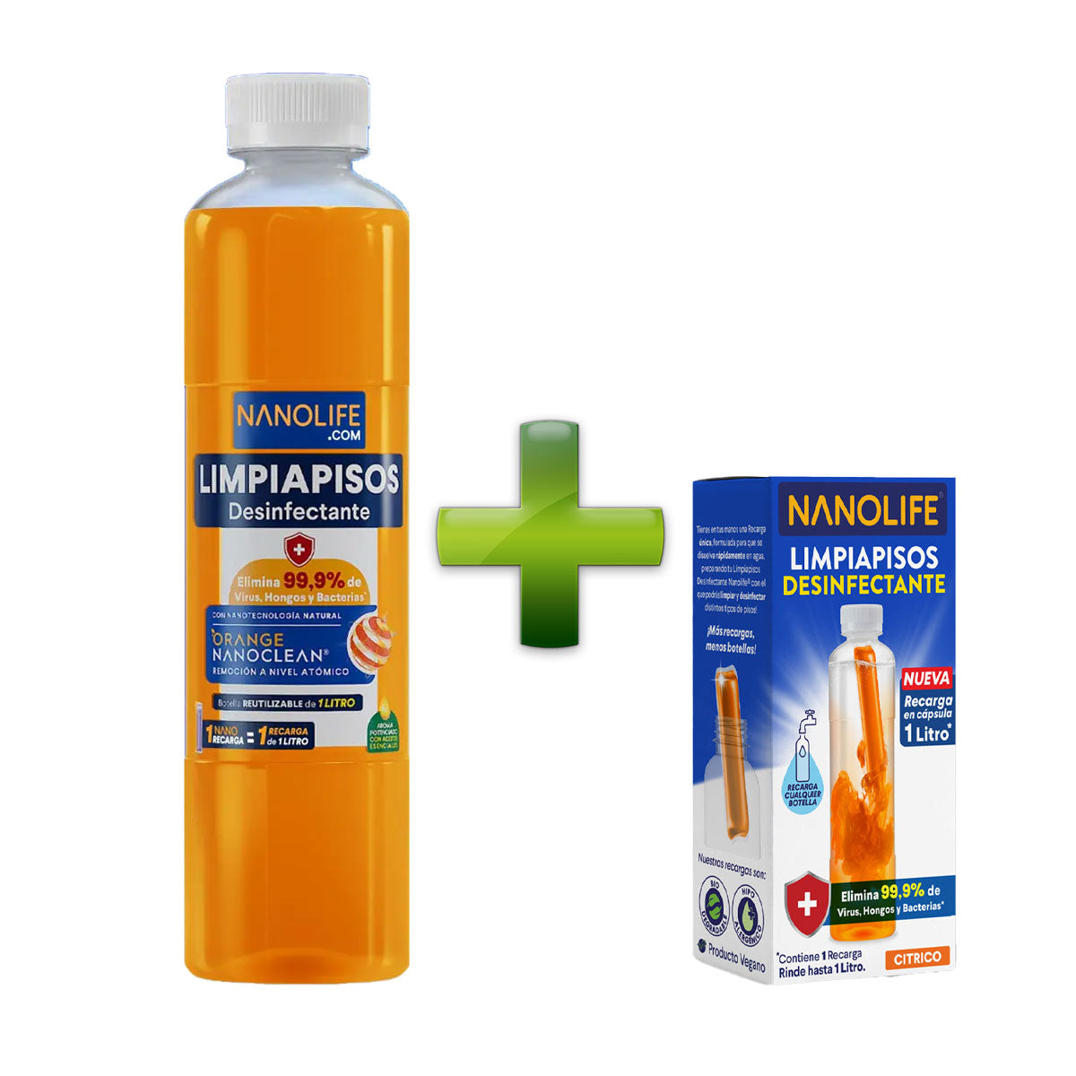 Limpiapisos desinfectante aroma cítrico 1 litro más recarga 30 ml diluible rinde hasta 1 litro Nanolife. 🇨🇱🍃 Producto Chileno Sustentable