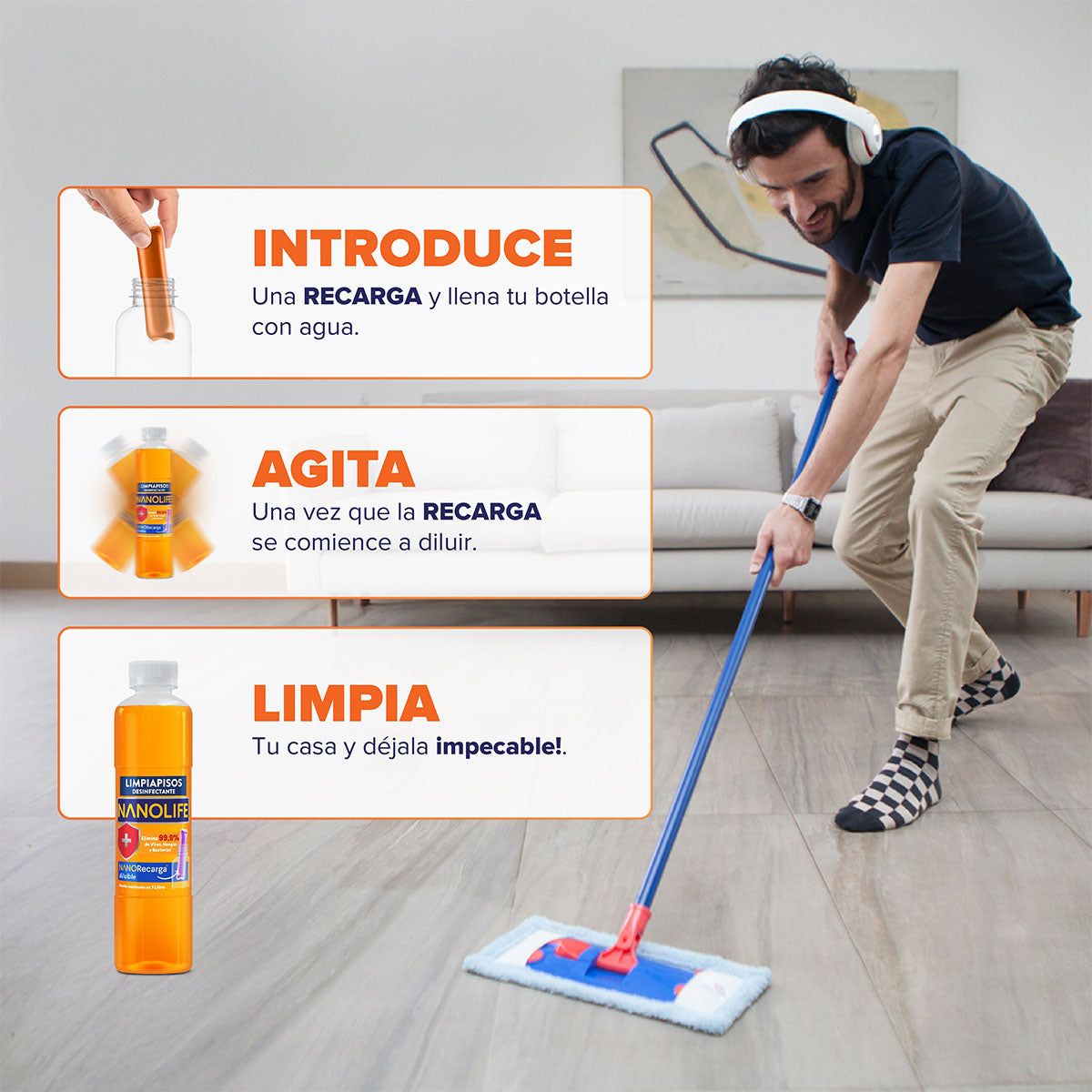 Limpiapisos desinfectante aroma lavanda 1 litro más recarga 30 ml diluible rinde hasta 1 litro Nanolife. 🇨🇱🍃 Producto Chileno Sustentable