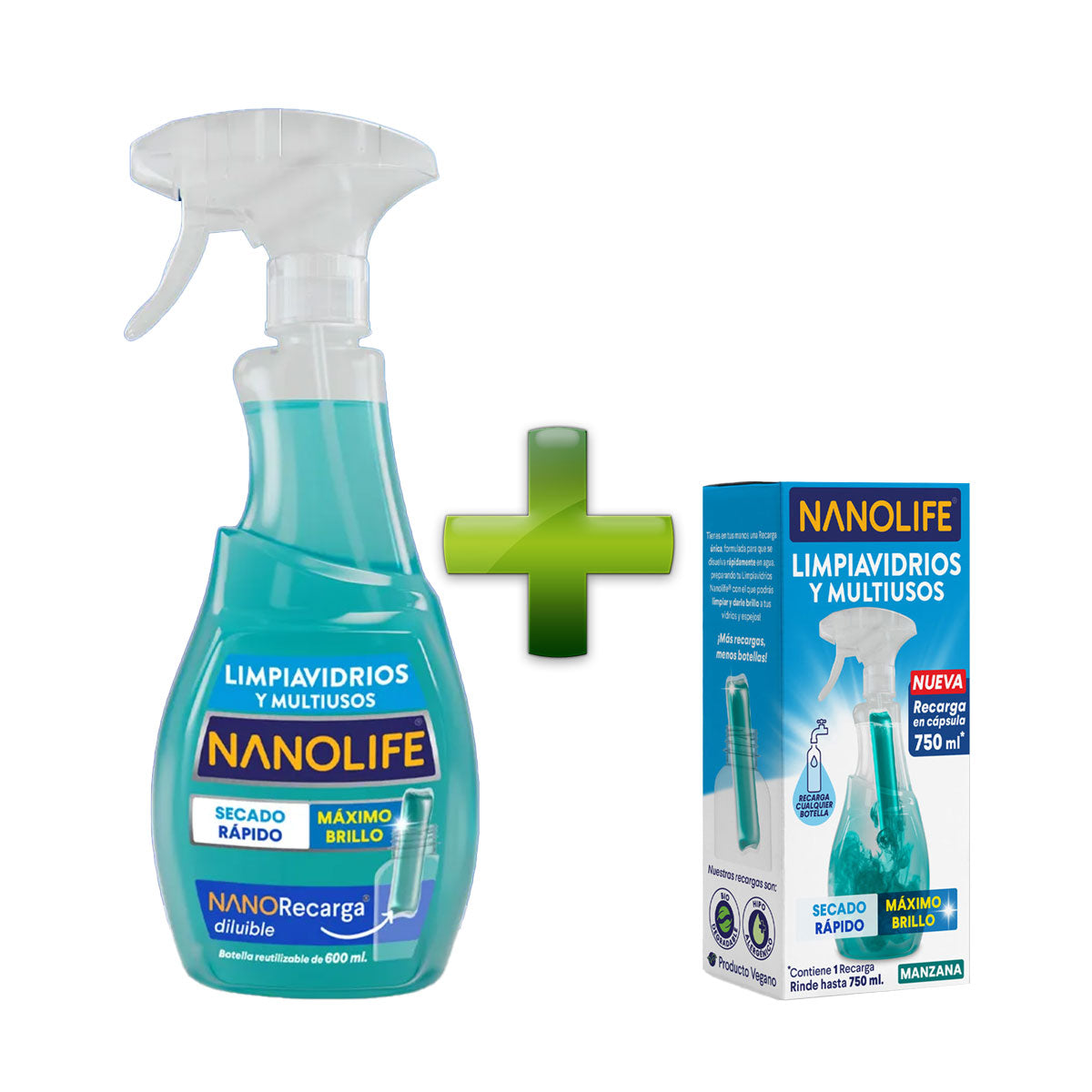 Limpiavidrios multiusos aroma manzana 600 ml más recarga 30 ml diluible rinde hasta 750 ml Nanolife. 🇨🇱🍃 Producto Chileno Sustentable