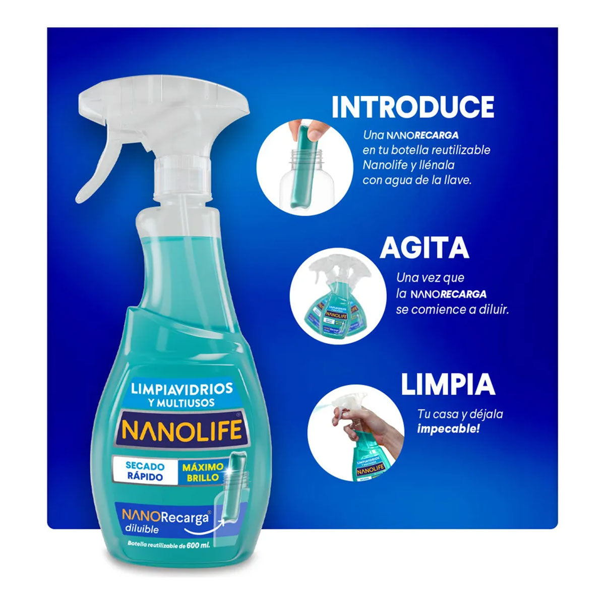 Limpiavidrios multiusos aroma manzana 600 ml más recarga 30 ml diluible rinde hasta 750 ml Nanolife. 🇨🇱🍃 Producto Chileno Sustentable