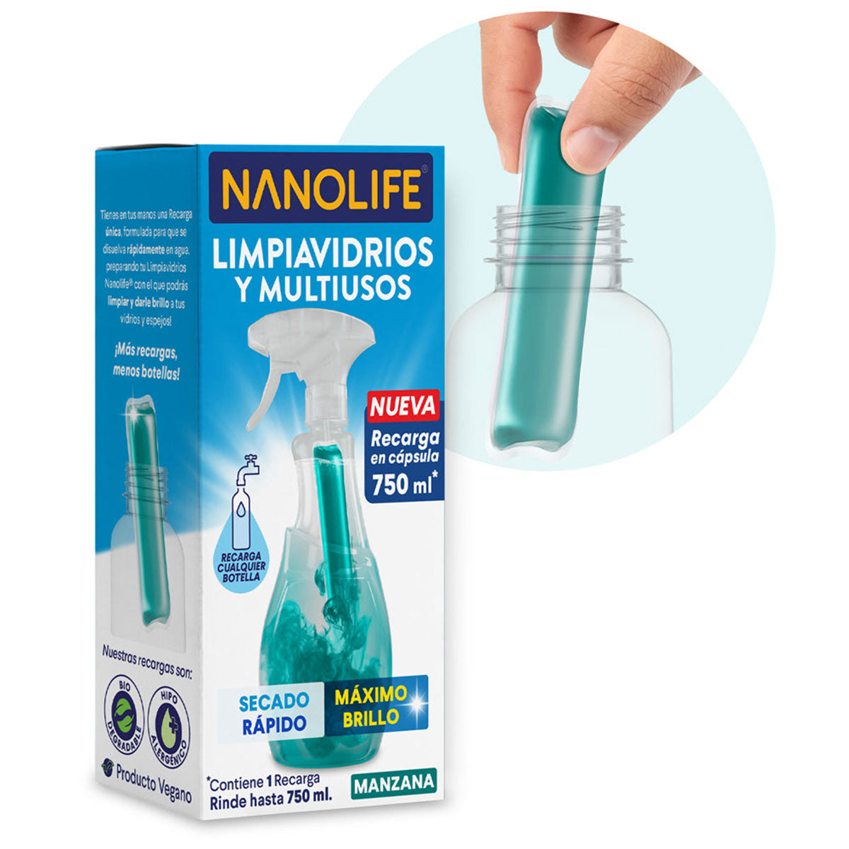 Limpiavidrios multiusos aroma manzana 600 ml más recarga 30 ml diluible rinde hasta 750 ml Nanolife. 🇨🇱🍃 Producto Chileno Sustentable