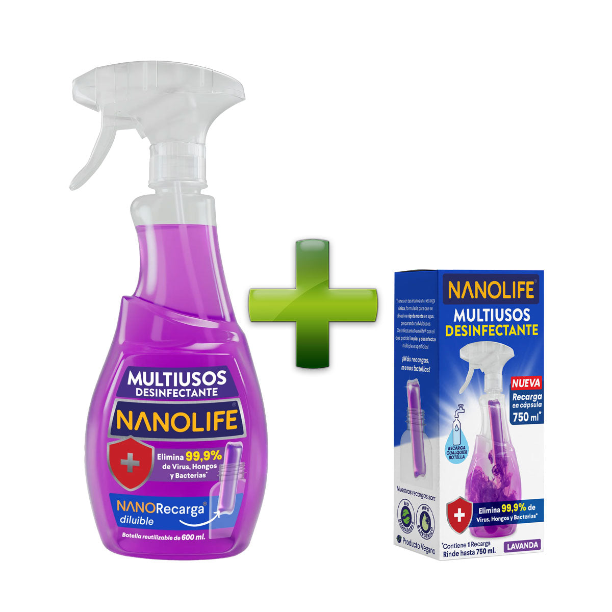 Limpiador multiusos desinfectante aroma lavanda 600 ml más recarga 30 ml diluible rinde hasta 750 ml Nanolife. 🇨🇱🍃 Producto Chileno Sustentable
