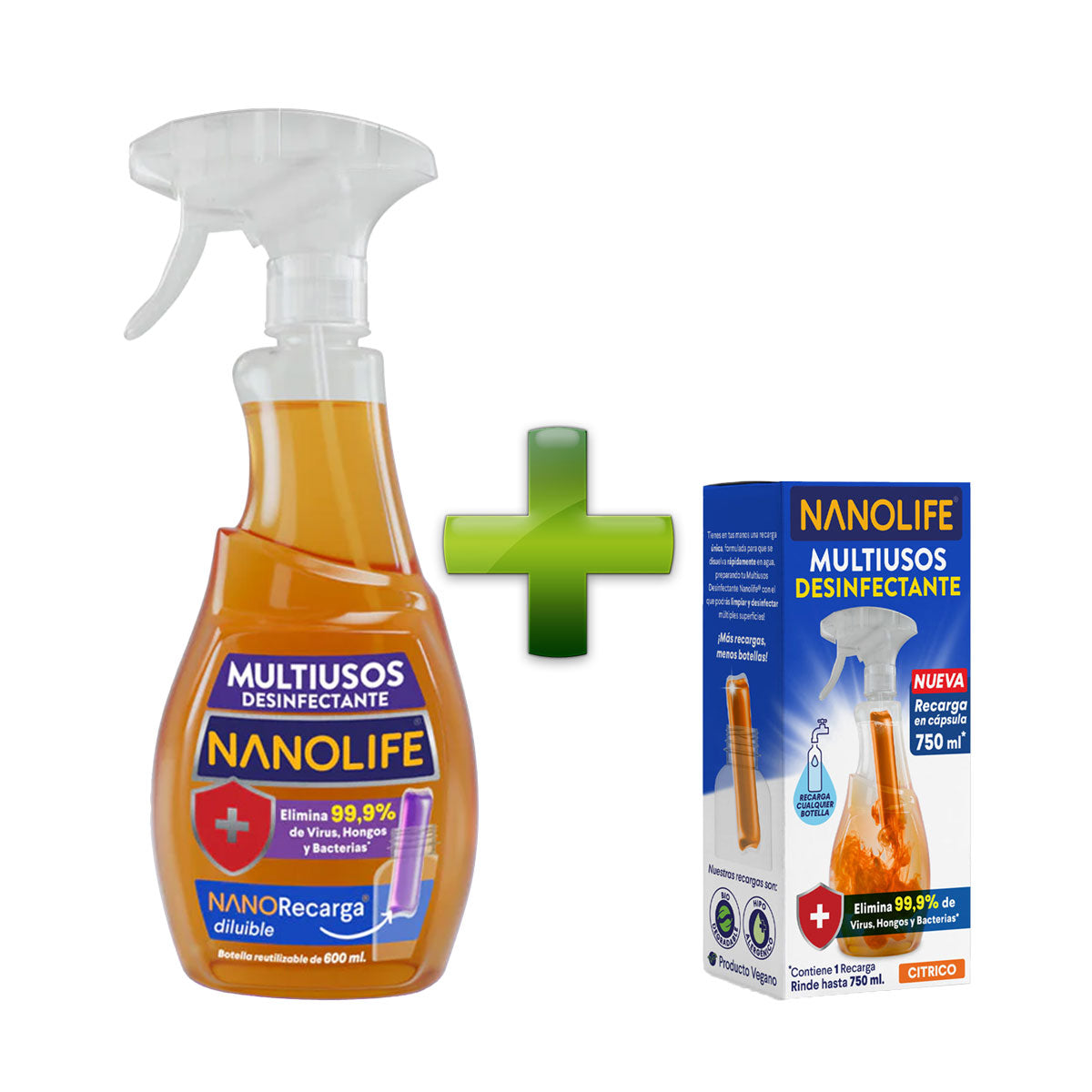 Limpiador multiusos desinfectante aroma cítrico 600 ml más recarga 30 ml diluible rinde hasta 750 ml Nanolife. 🇨🇱🍃 Producto Chileno Sustentable