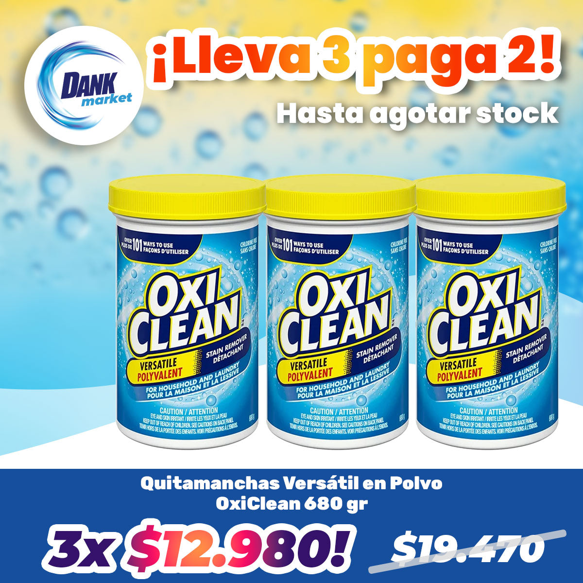 Pack Quitamanchas Versátil en Polvo OxiClean 680 gr 3x $12.980