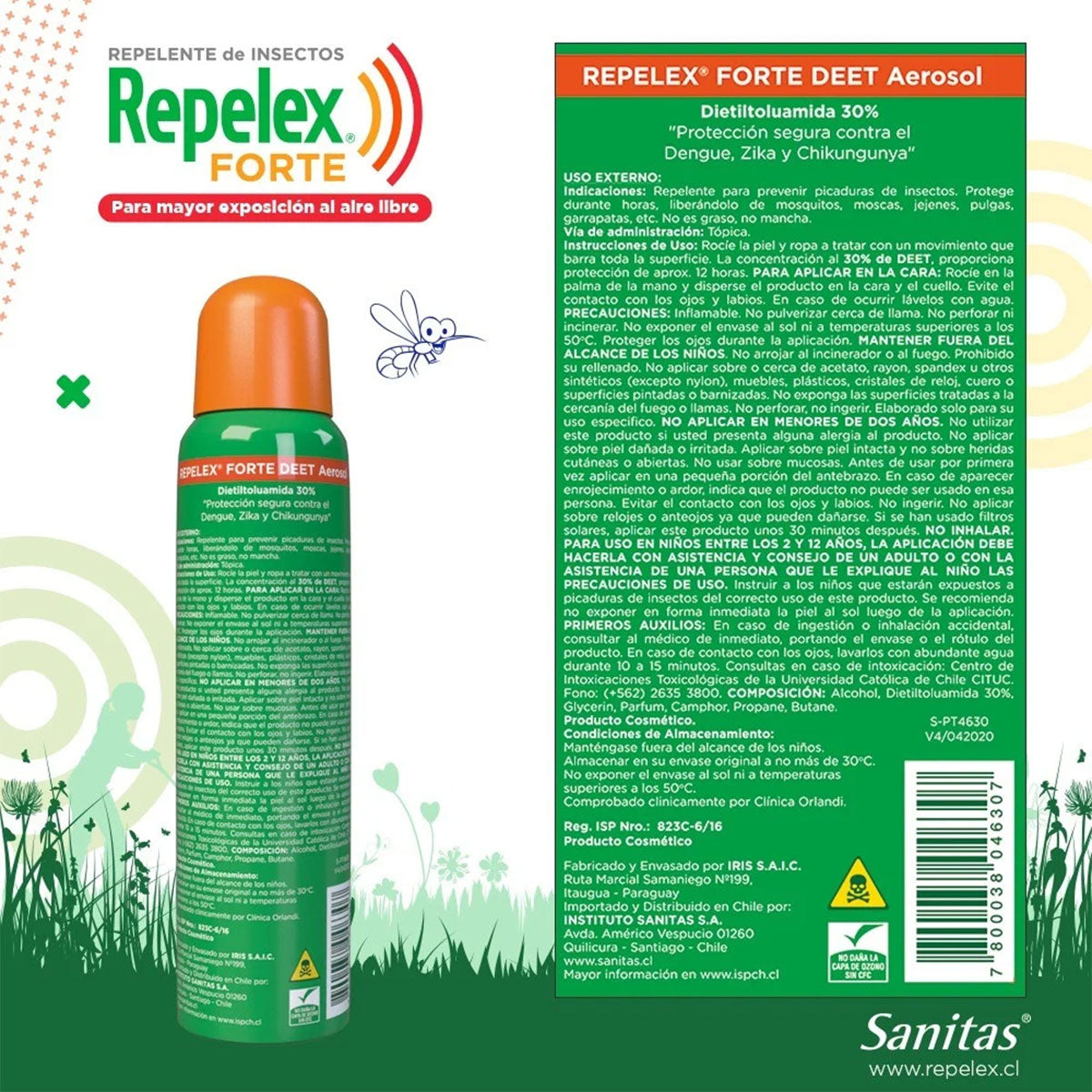 Repelente de Insectos en Aerosol Niños y Adultos Dietiltoluamida 30% Repelex Forte 165 ml