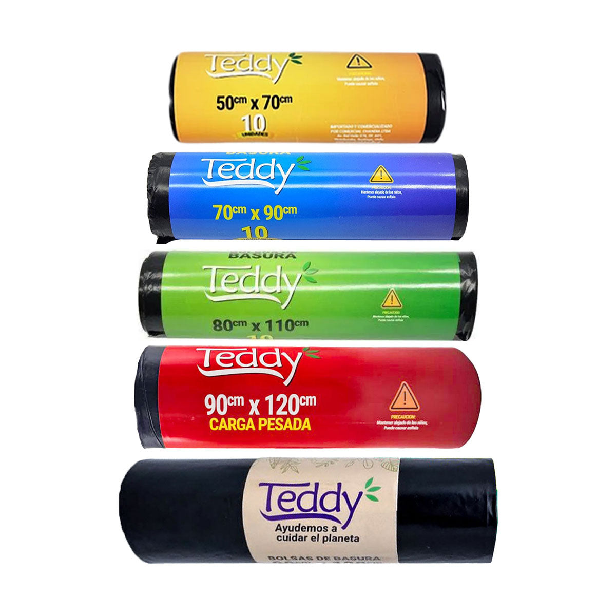 Bolsas de basura
Teddy tamaños Extra Grande, Carga Pesada, Mediano o Pequeña (rollos de 10 unidades)