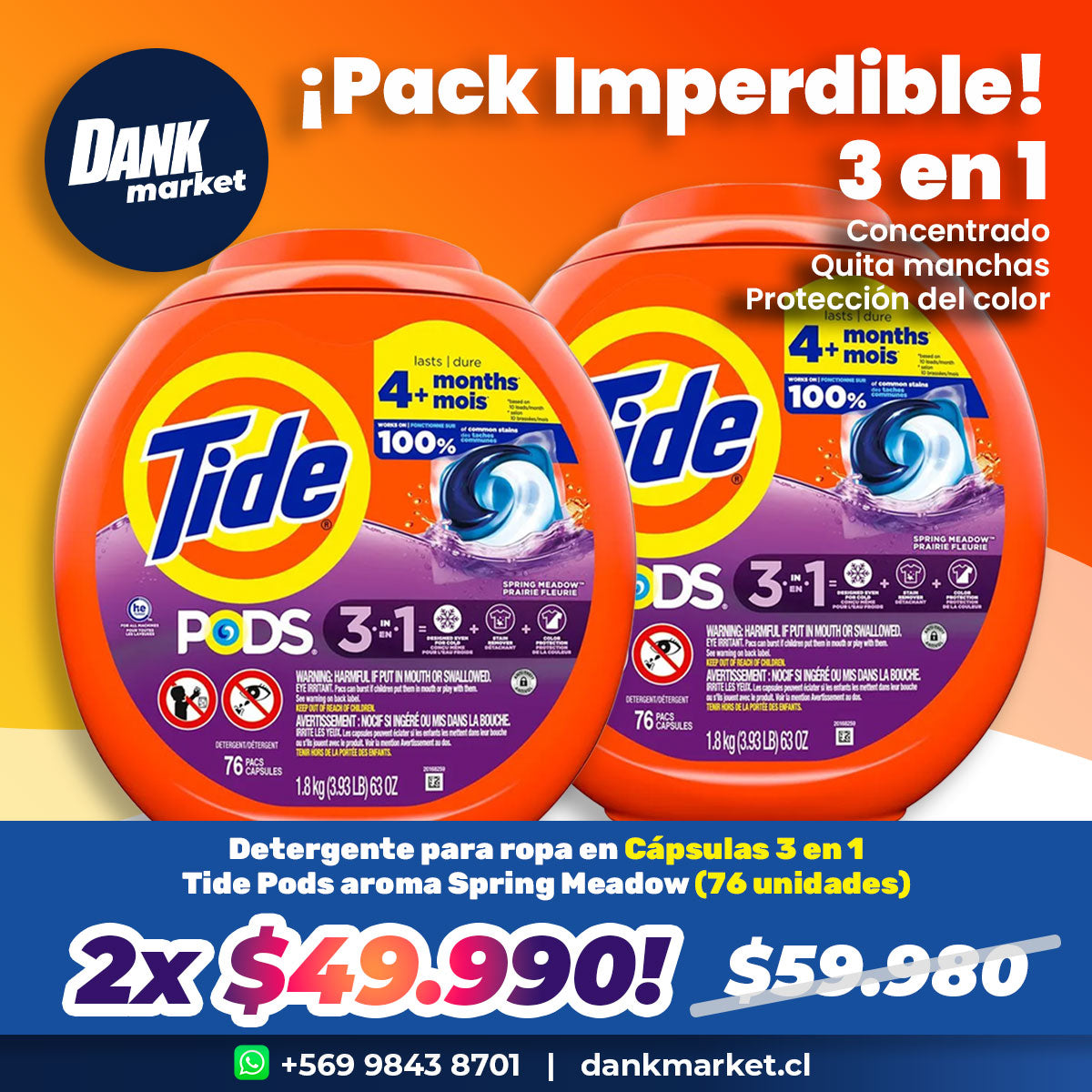 Pack Detergente para ropa en cápsulas Tide PODS 3 en 1 aroma Spring Meadow 76 cápsulas 2x $49.990