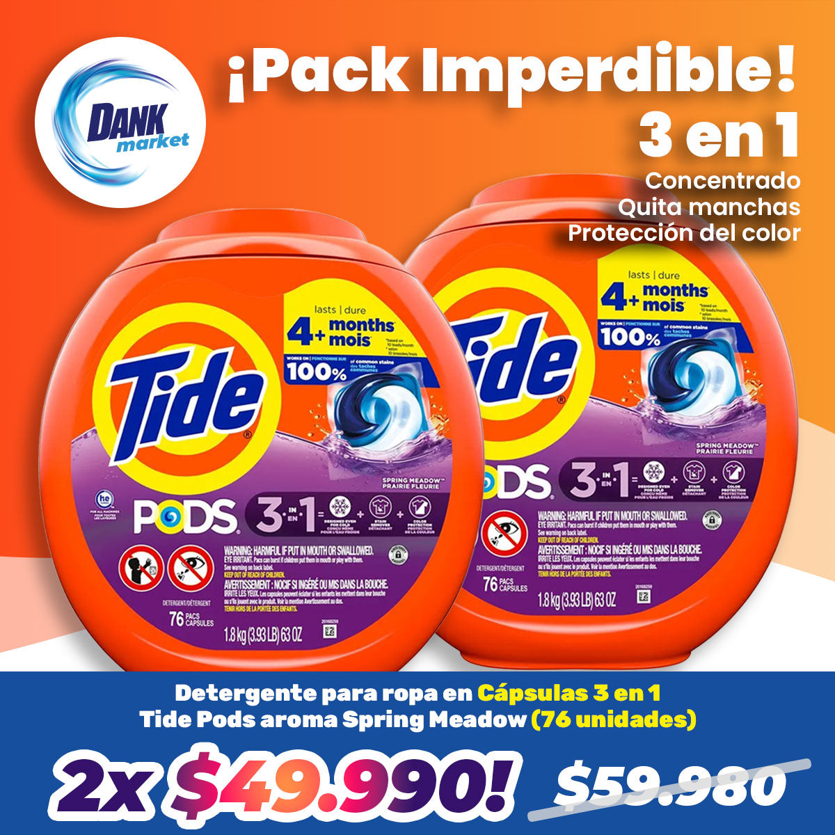 Pack Detergente para ropa en cápsulas Tide PODS 3 en 1 aroma Spring Meadow 76 cápsulas 2x $49.990