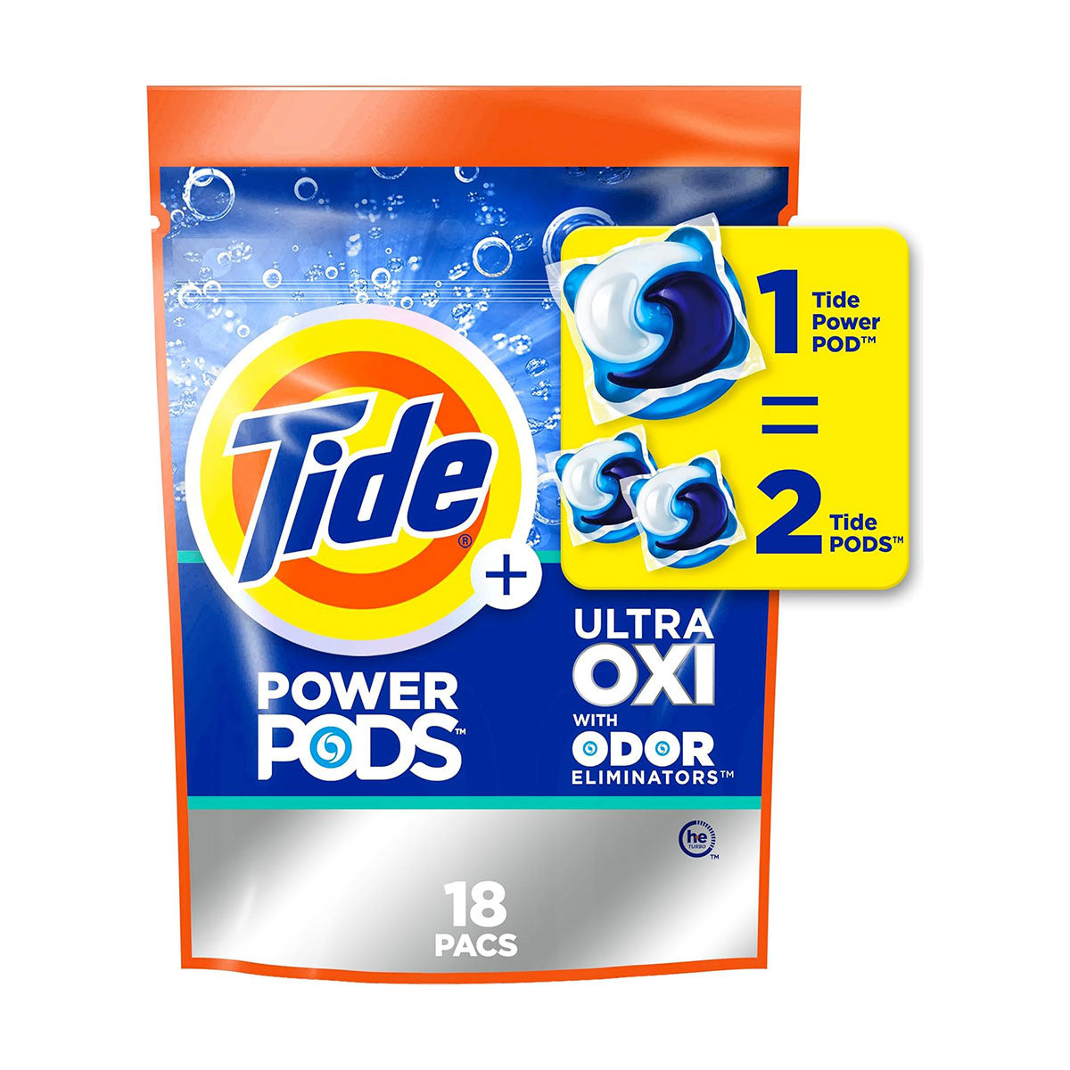 Detergente para ropa en Cápsulas de Doble Tamaño Tide Ultra Oxi Power Pods with Odor Defense (18 cápsulas XL)