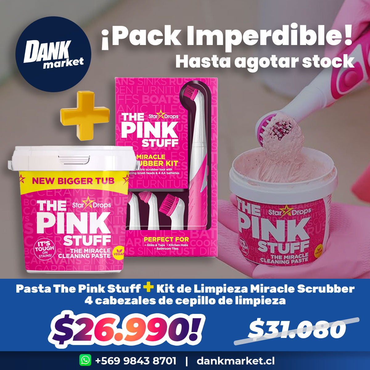 Pack Pasta Limpiadora Multiuso + Kit Cepillo Eléctrico y 4 Cabezales The Pink Stuff x $26.990 - 🌱 🇬🇧 Producto Vegano del Reino Unido