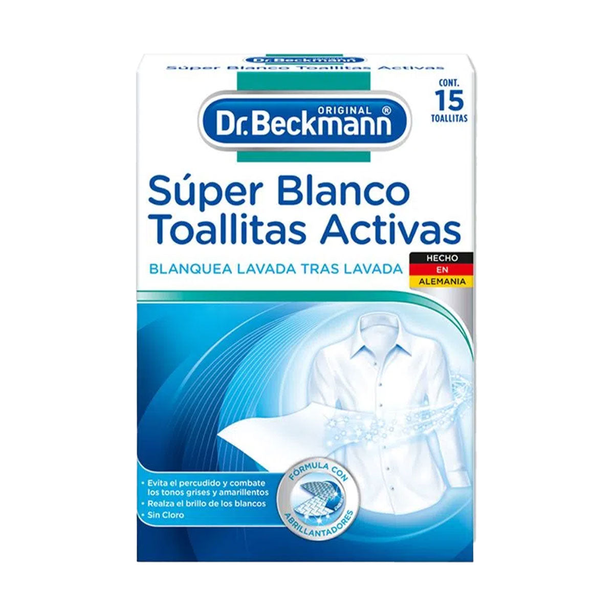 Toallitas Activas Blanqueadoras de Ropa Súper Blanco 15u unidades Dr. Beckmann. Producto Alemán Sustentable
