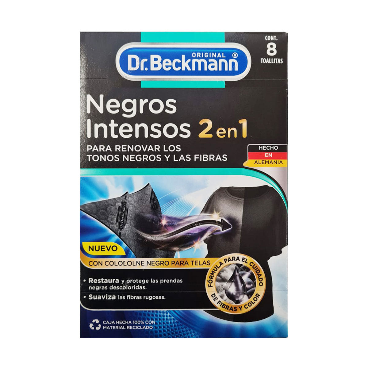 Toallitas Renovadoras de Negros Intensos para Ropa y Fibras, 8 Toallitas, Dr. Beckmann. Producto Alemán Sustentable
