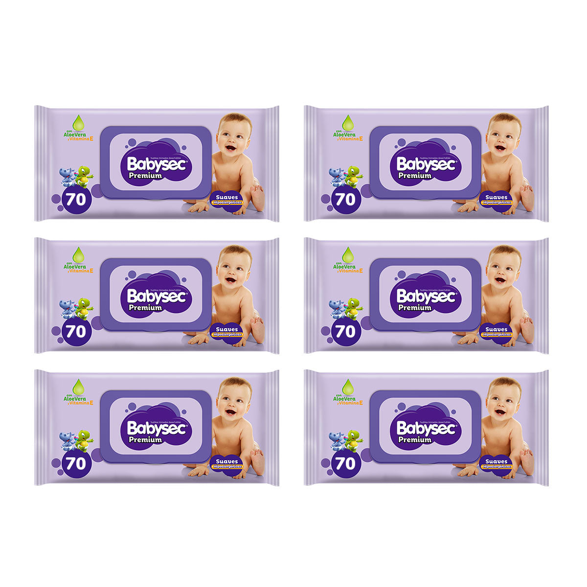 Pack Toallitas Húmedas Babysec Premium con Aloe Vera (70 unidades) 6x $8.990