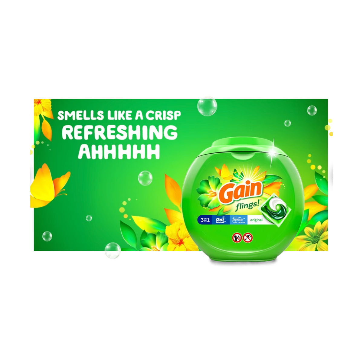 Detergente para ropa en cápsulas Gain Original Flings 3 en 1 Oxi Boost con Febreze (60 unidades)