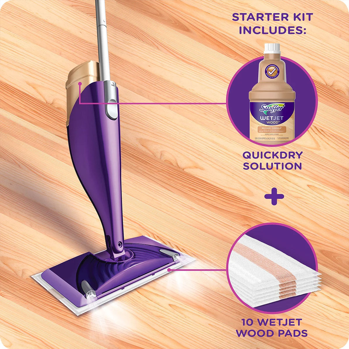 Kit de Limpieza WetJet™ incluye Mopas, Limpiador, Paños y Baterías, Aroma Lavanda, para pisos de madera | Swiffer